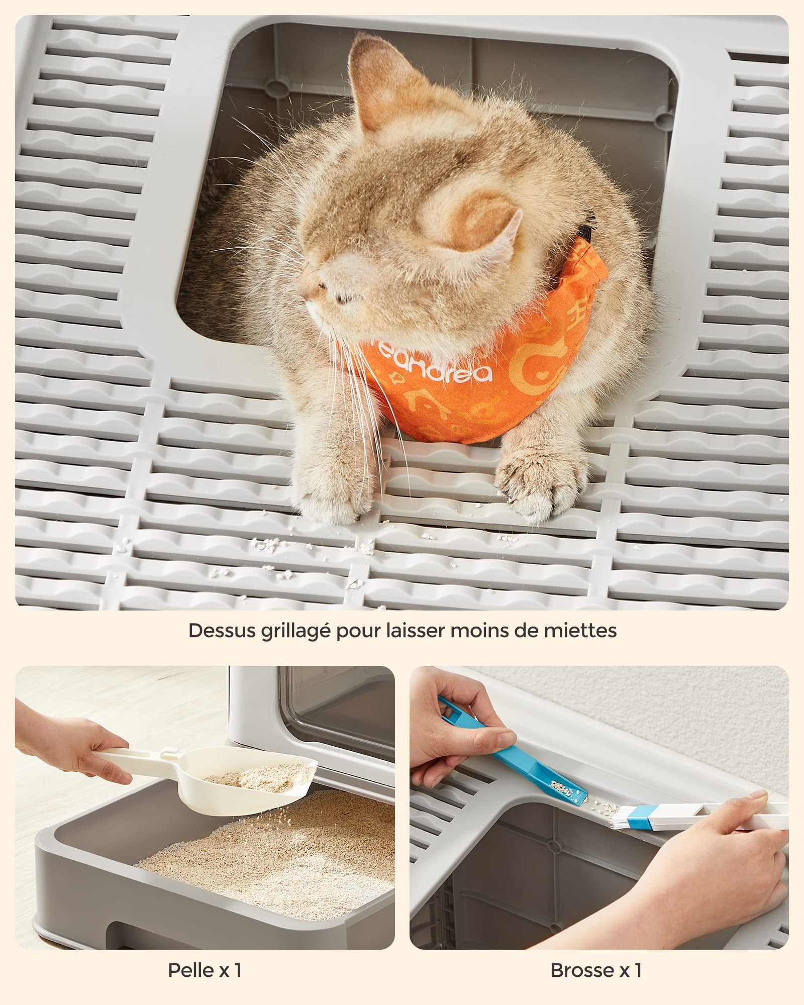 Feandrea Bac à Litière Fermé pour Grand Chat, Capacité de Charge 15 kg, Anti-Traces, Anti-fuites, Gris Clair et Gris Foncé