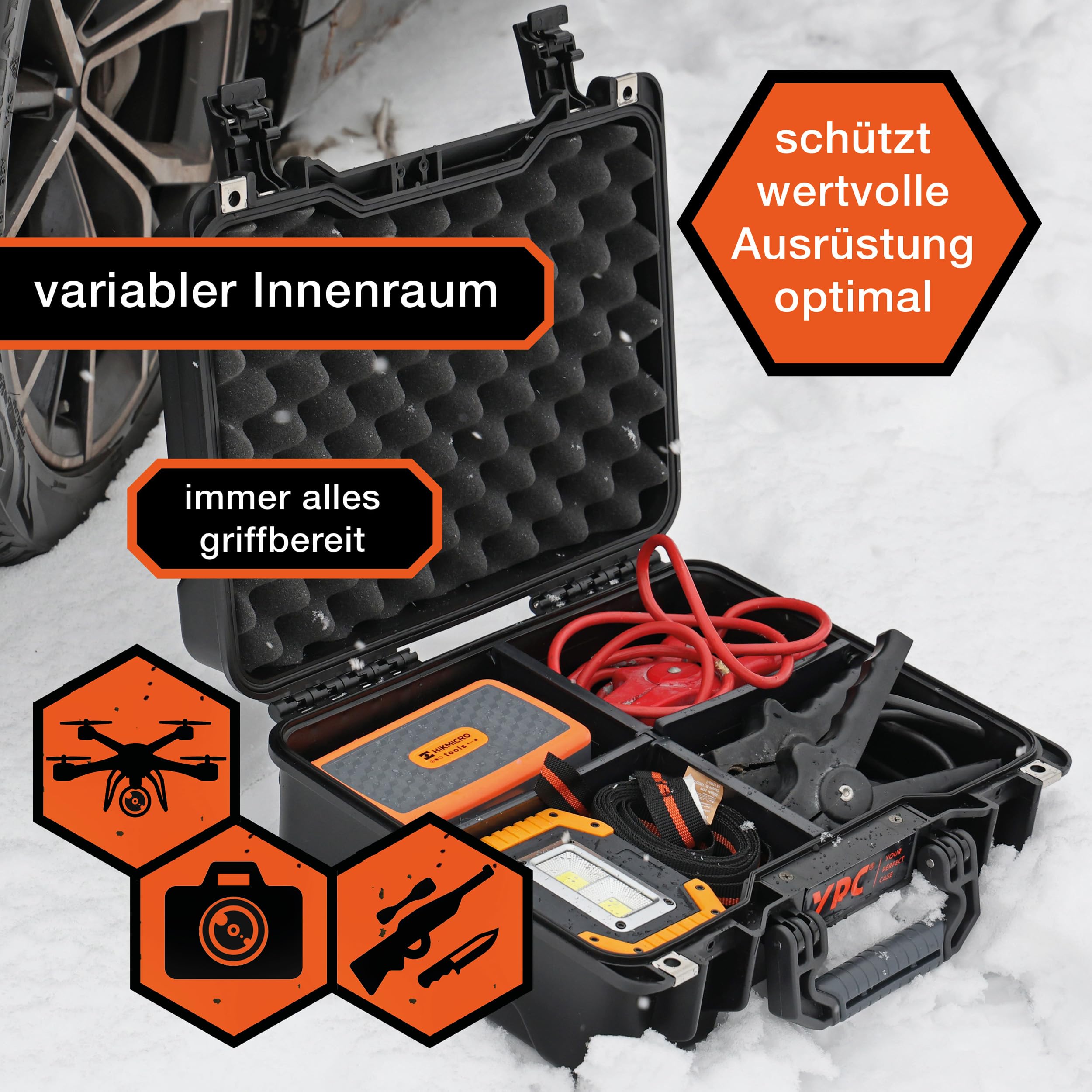 YPC Xplorer Case M – 40cm x 33cm x 16,5cm Outdoor Case, Sortierkoffer wasserdicht, Kamera Koffer Hardcase, Transportkoffer für Ausrüstung, Stapelbar