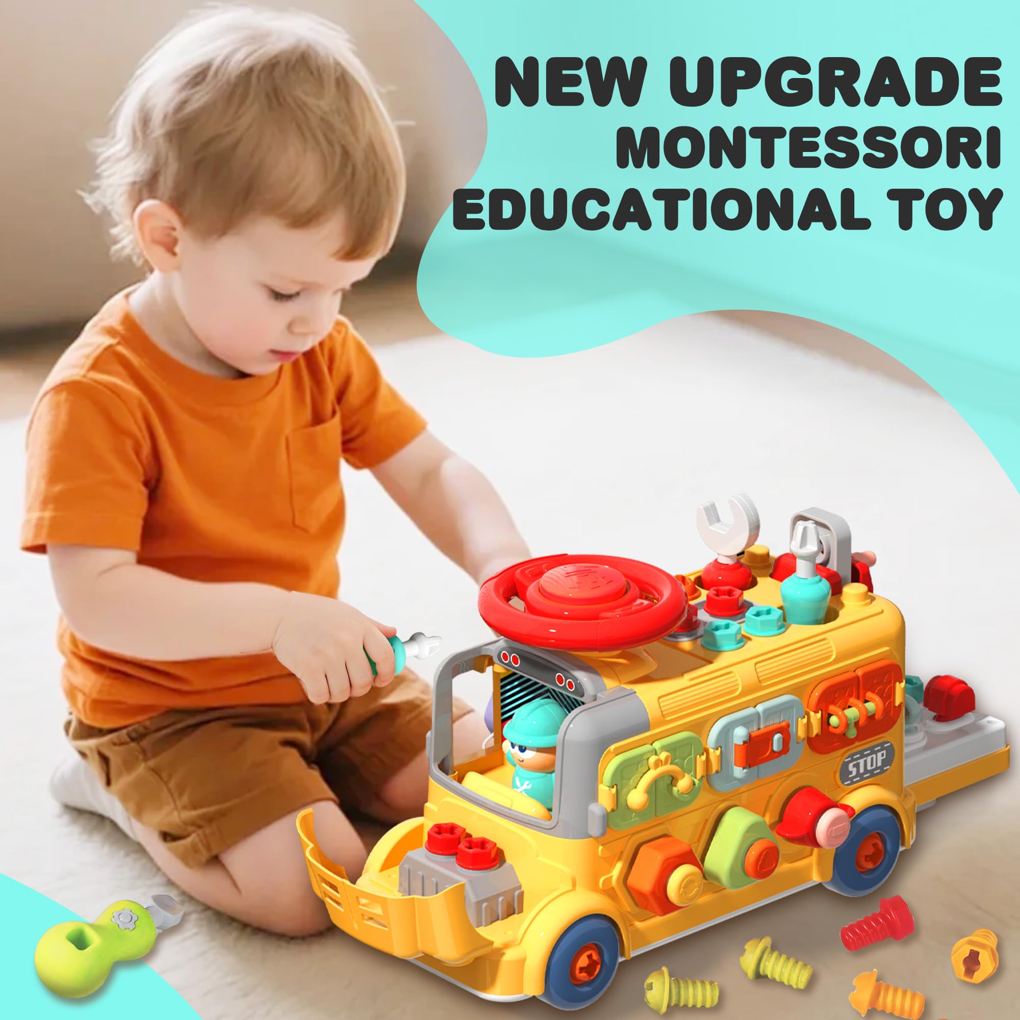 Juguete de autobús ocupado para niños pequeños, autobús escolar con herramientas, volante y engranajes, camión Push Go Assemble, juguete Montessori de aprendizaje STEM de motor fino 2
