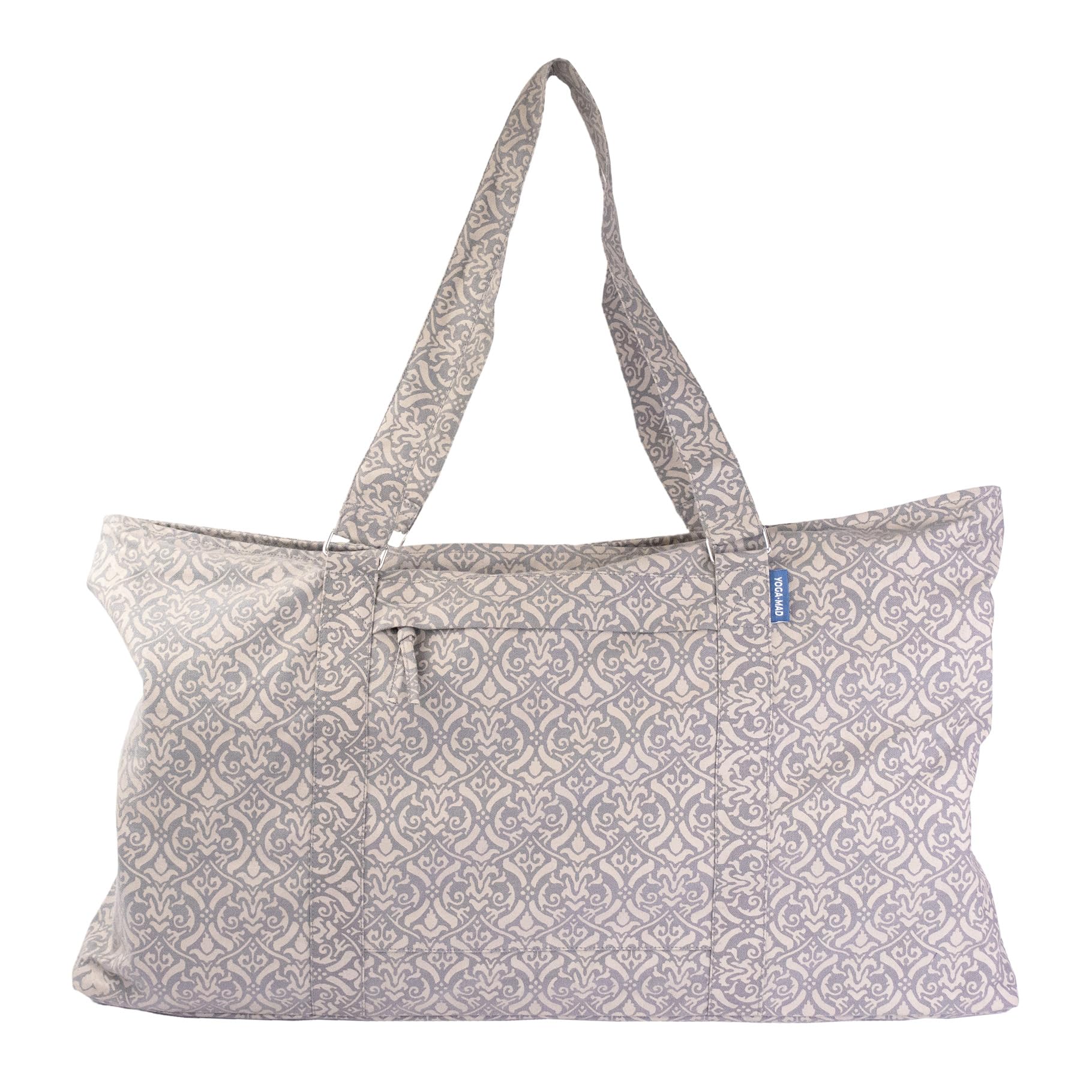 Yoga-Mad Weekend Yoga & Pilates Bag 100% Cotton, Stylish Grey Brocade Pattern, 65x30x46cm, Carry Yoga & Pilates Equipment Easily with 2x Outer Zips for Men & Women.