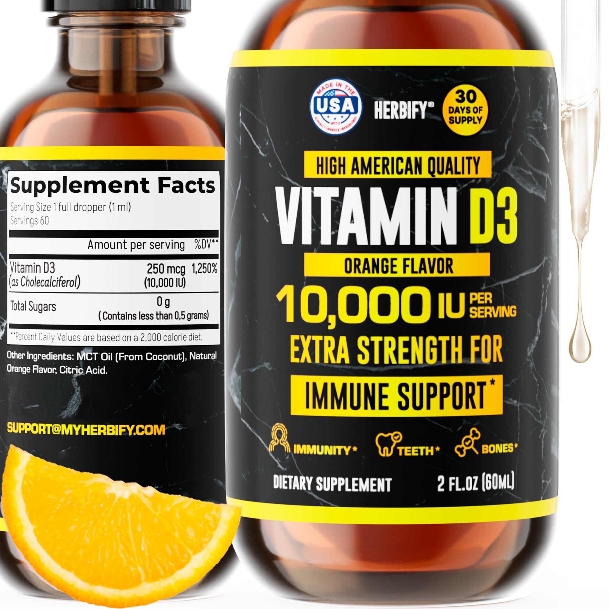HERBIFY Vitamin D3 10000 IU - Made in USA Liquid Vitamin D Drops - Bone Strength and Immune Support Supplement - Sunshine Replacement - D3 Vitamin Bone and Teeth Supplement - 2 Oz