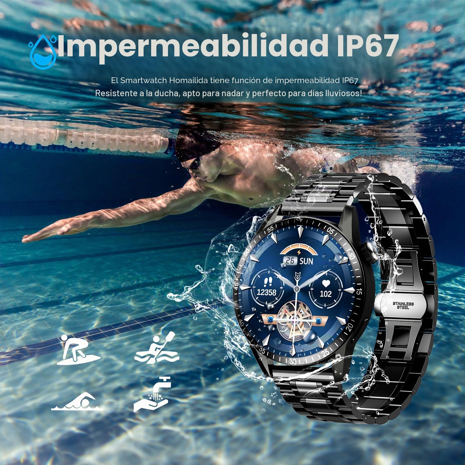 Reloj Inteligente Hombre, Smartwatch con Llamadas Bluetooth y Whatsapp Notificación, IP68 Smartwatch Hombre con Monitor de Ritmo Cardíaco y Sueño, Reloj Deportivo Actividad Android iOS