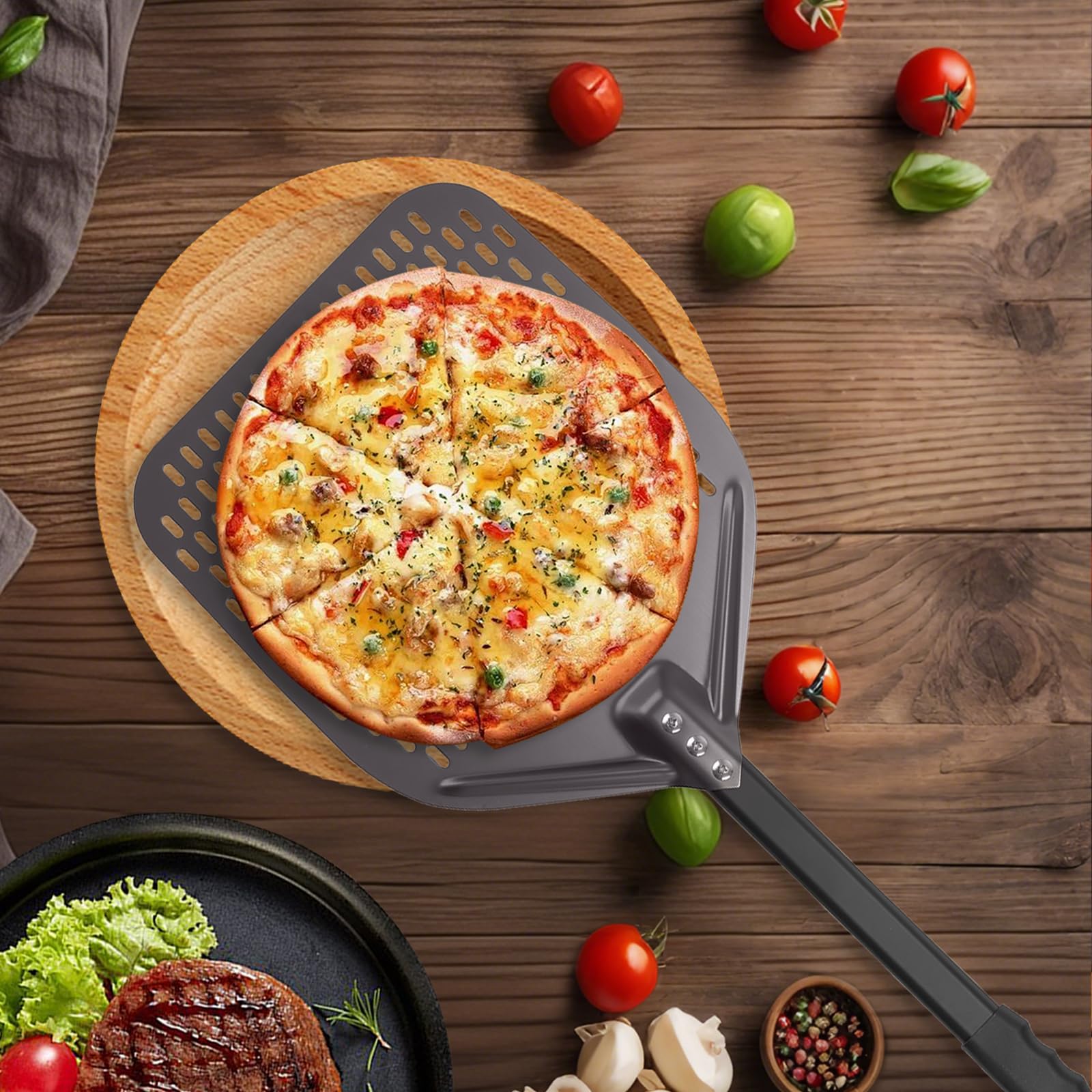 ?opatka do pizzy perforowana 30 x 39 cm, ?opatka do pizzy z aluminium, czarna ?opatka do pizzy z d?ugim trzonkiem, du?a powierzchnia i zdejmowany uchwyt