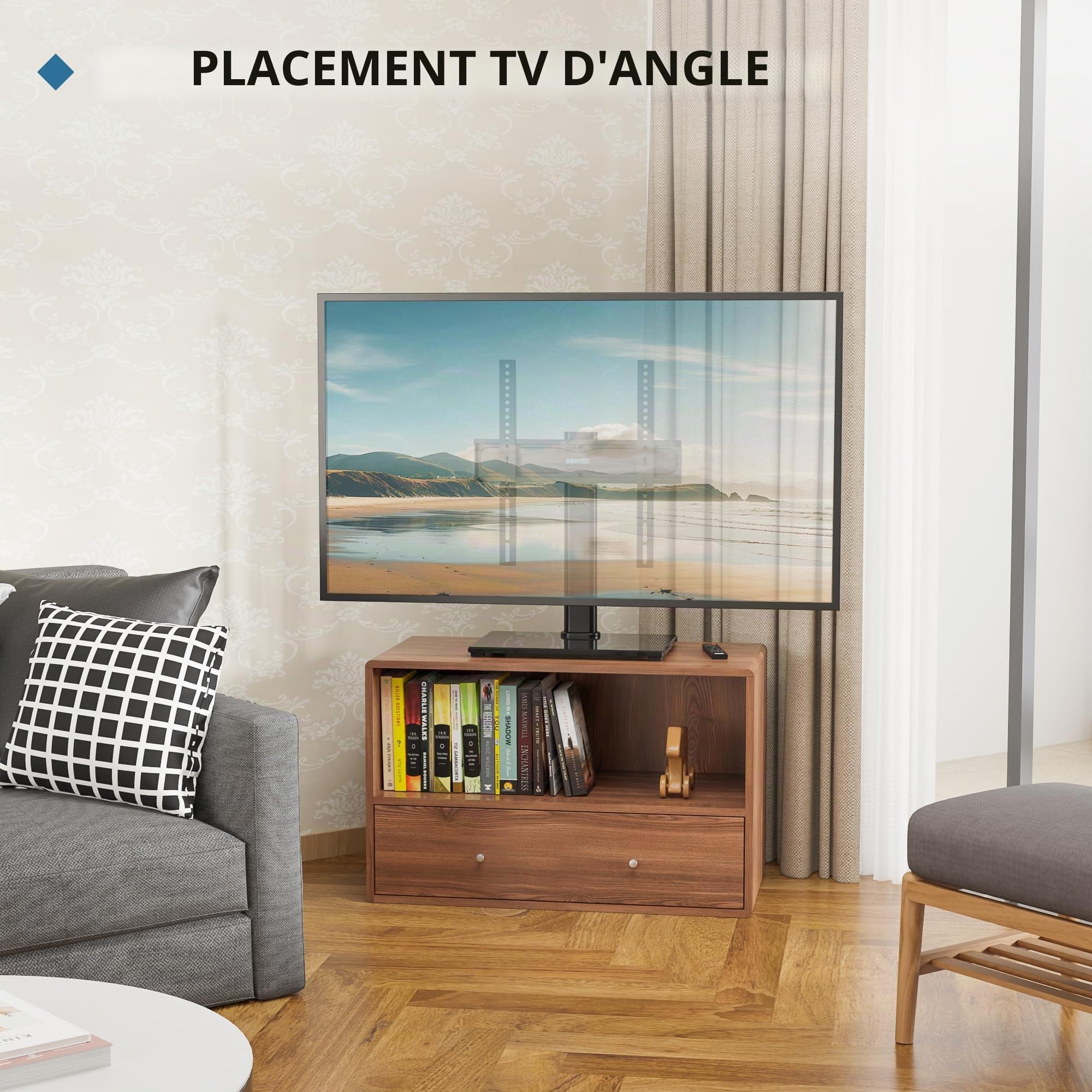 BONTEC Support TV sur Pied TV Universel Pivotant pour Télévisions de 24 à 60 Pouces LCD/LED/Plasma Hauteur Réglable avec Base en Verre Trempé de 8 mm - Charge Maximal 45kg Max VESA 400x400 mm