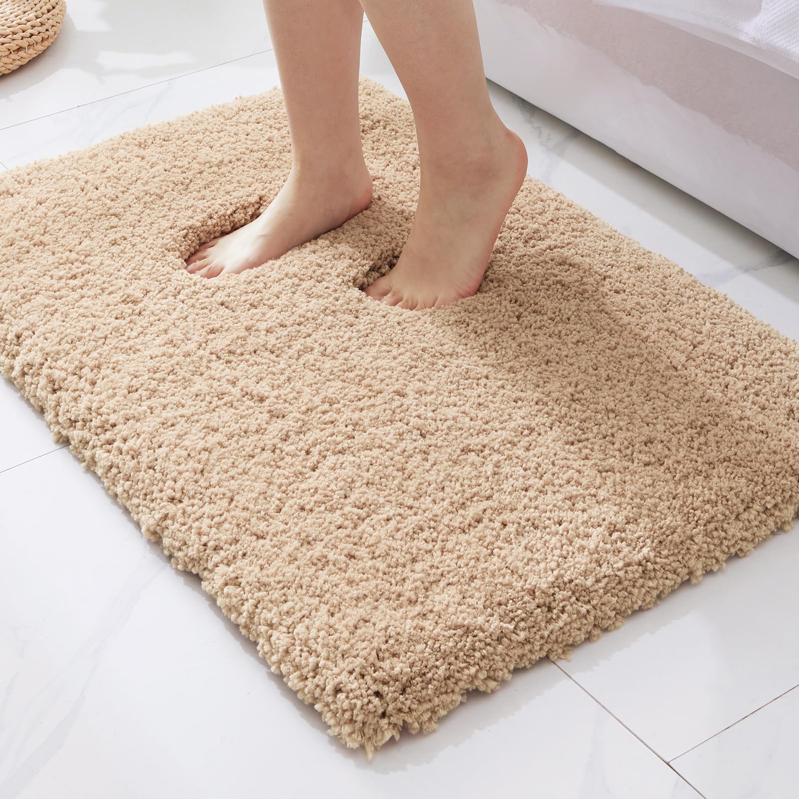ILANGO Beige Bathroom Rugs 36" × 24" Non Slip & Super Absorbent Extra Thick Soft, Washable Bath Mat for Floor, Microfiber Plush Shaggy Bath Rug with