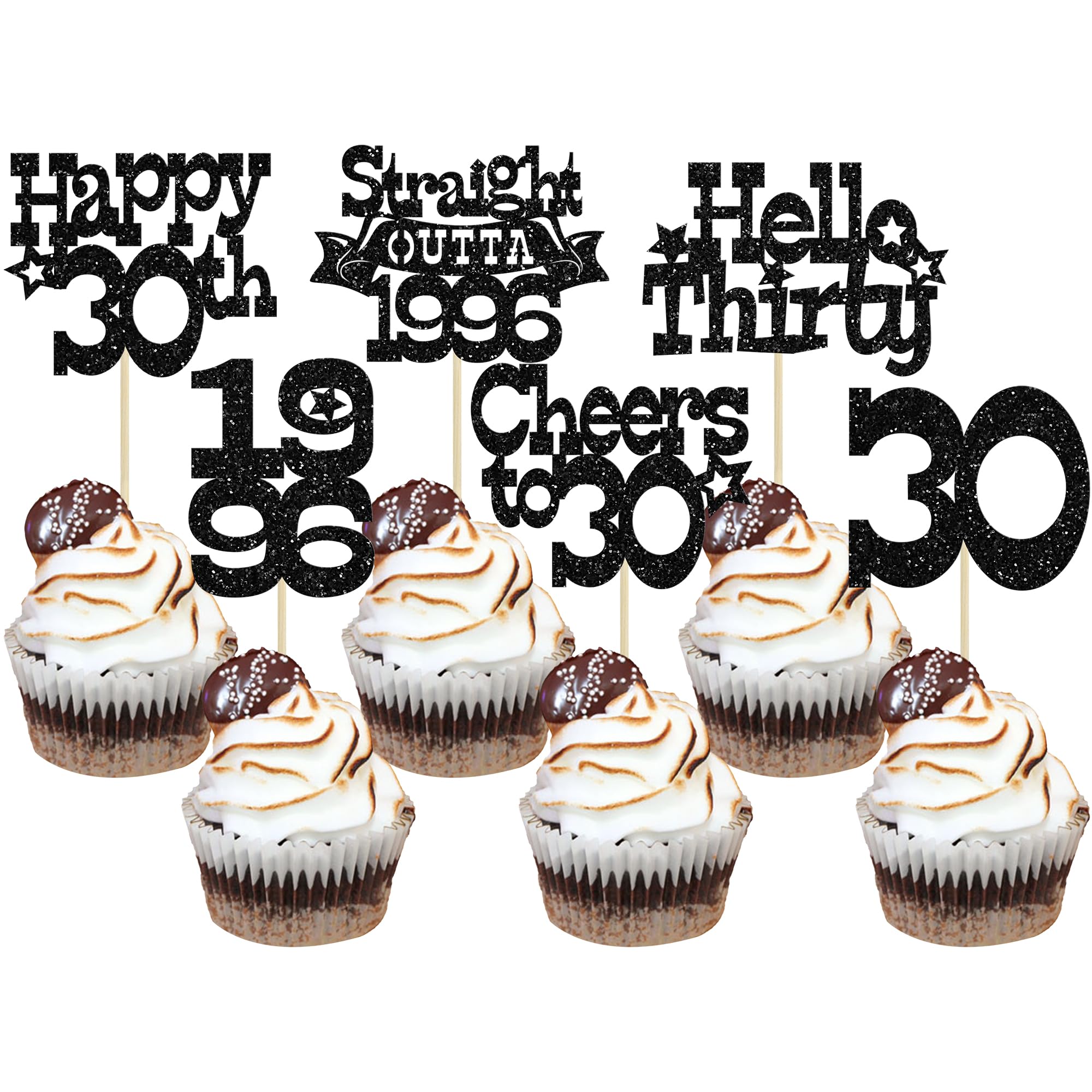 Ephlyn 30Pcs Straight Outta 1996 Cupcake Toppers Glitter Thirty Happy 30th Birthday Cupcake Picks Cheers to 30 Years Cake Decorations for Happy 30th Birthday Anniversary Party Supplies Black