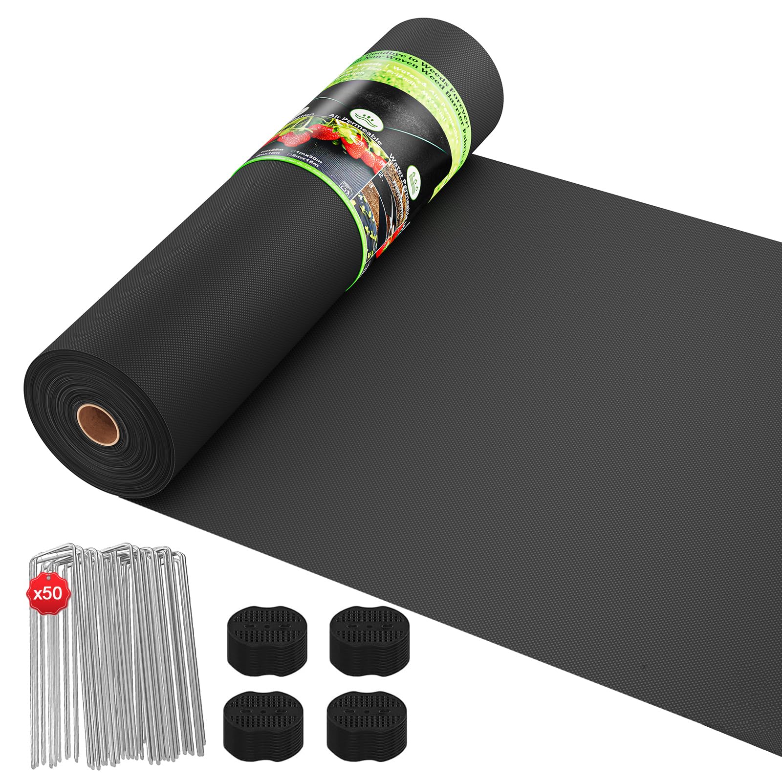 OUNUO Telo Pacciamatura 1 x 50M, 100g/m² Tessuto Non Tessuto Anti Erbacce, con 50 Picchetti a U, Telo Anti Erbacce per Orto, Giardino, Tessuto Permeabile all'Acqu, Stabilizzazione UV, Nero