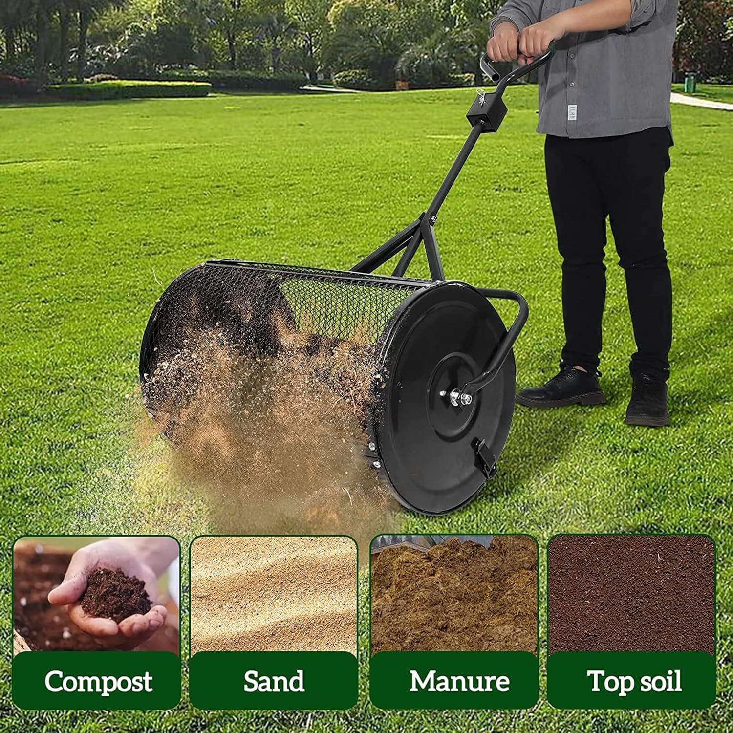 24" Compost Spreader, Black Peat Moss Spreader with T Shaped Handle, Lightweight Manure Spreader for Lawn and Garden Metal Mesh Basket Topdressing Roller