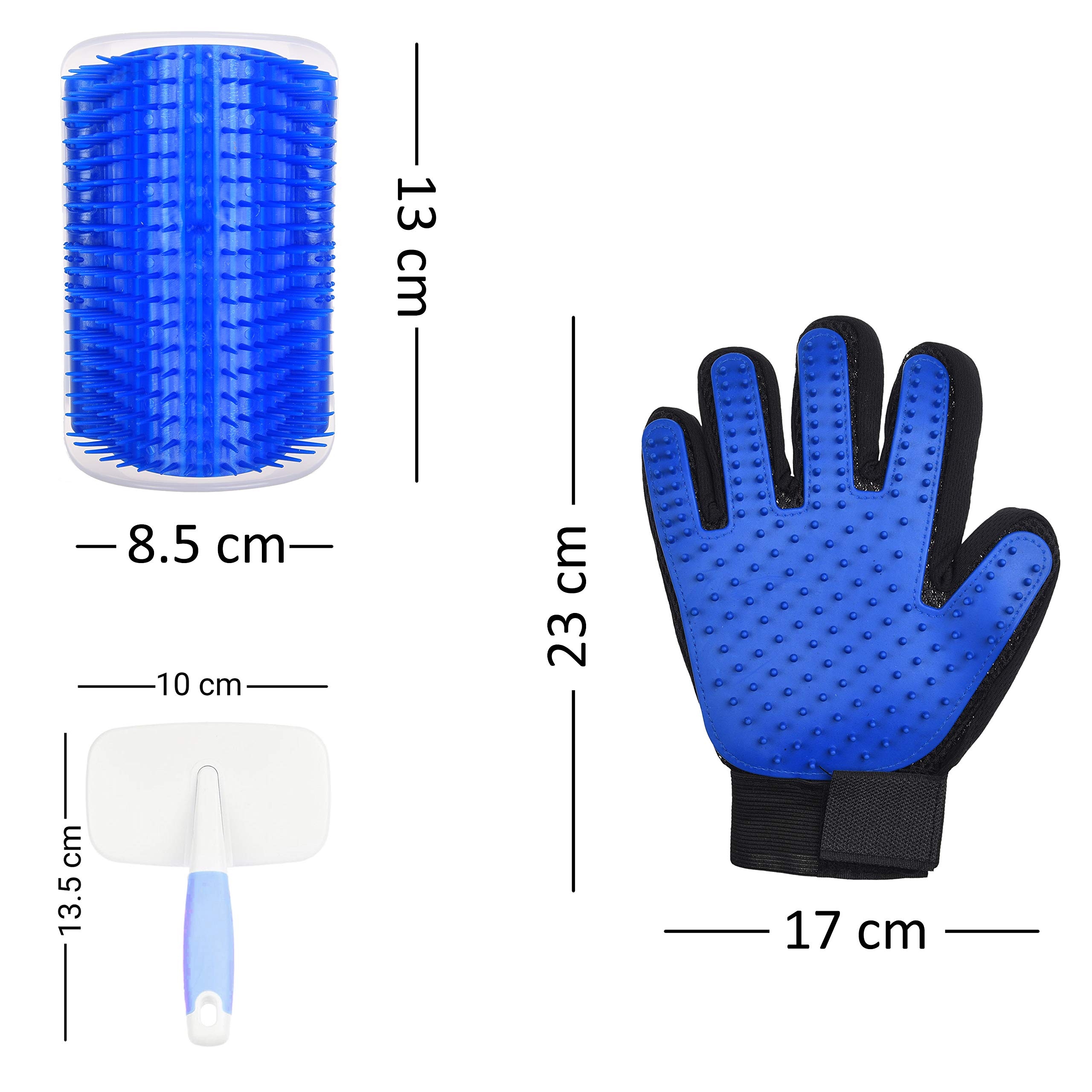 Eco-Fused Kit de brosse pour des chats – 1x Auto-toiletteur, 1x Brosse Lissante Bleue, 1x Gant de toilettage pour les animaux domestiques (main droite) - Fourrure Longue et Courte