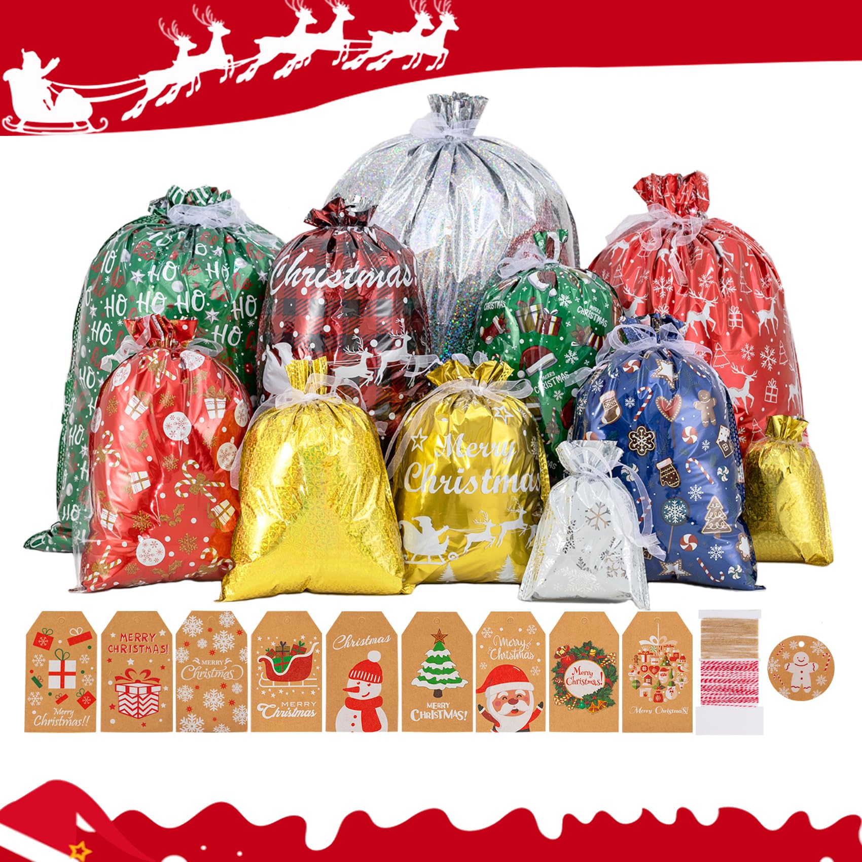 PABBEU 52Pcs Christmas Gifts Bags With Drawstring, Ribbon Ties, and Tags - Extra Large Gift Bags for Presents Wrapping - Xmas Assorted Sizes