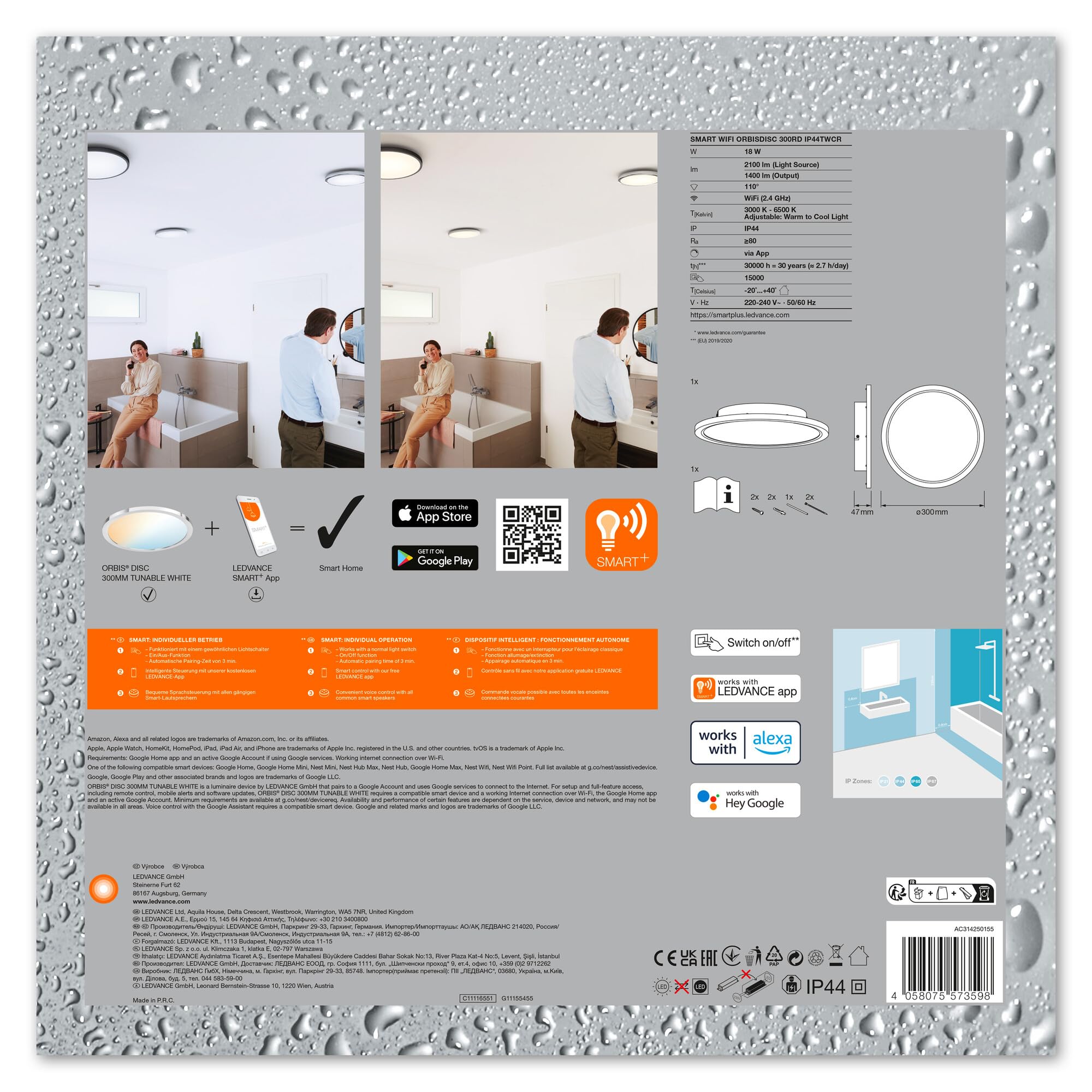 LEDVANCE Oprawa oświetleniowa: BATHROOM DECORATIVE CEILING AND WALL WITH WIFI TECHNOLOGY / 18 W, 220…240 V, kąt rozsyłu światła: 110°, Program Tunable White, 3000…6500 K, materiał: aluminum, IP44