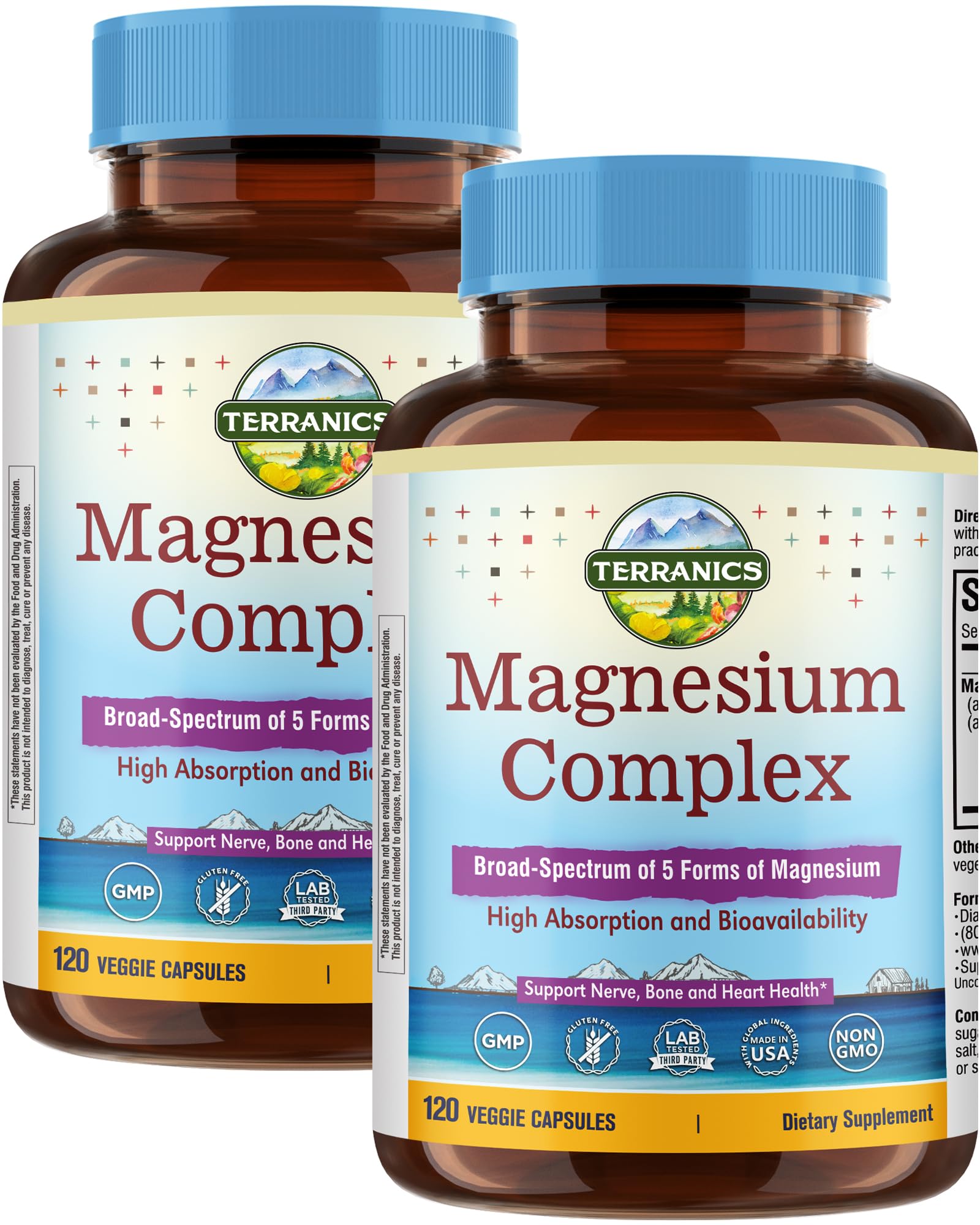 Terranics 5-in-1 Magnesium Complex Supplement 500mg - 5 Forms High Absorption Magnesium Glycinate Citrate Malate Aspartate Gluconate for Sleep Heart Health - Non-GMO 240 Vegan Capsules