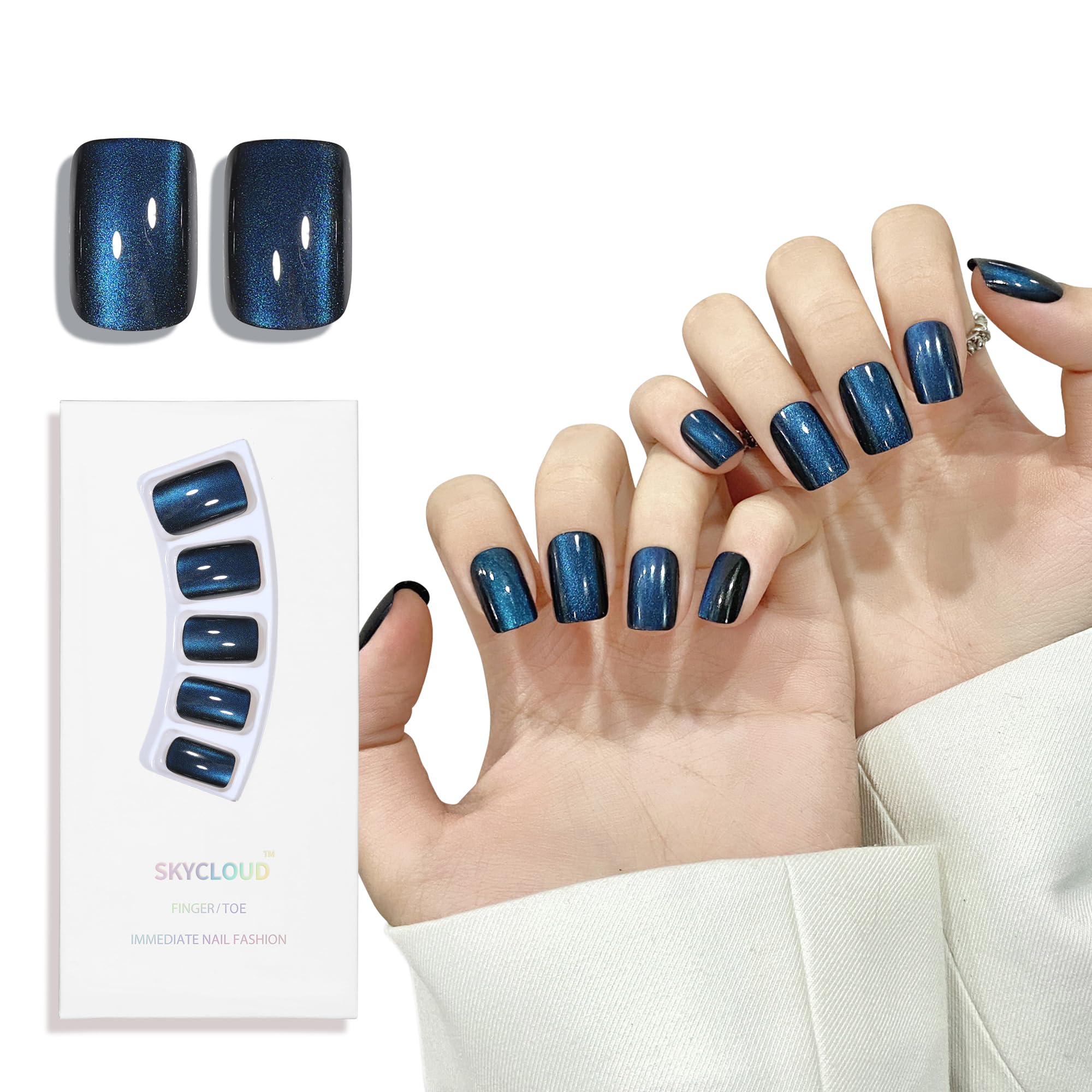 Navy Blue Cat Eyes Press On Nails,12 Sizes - 24 Pcs Soft Gel Navy Blue Medium Square Fake Nails Kit with Nail Glue, Natural Reusable Stick On False
