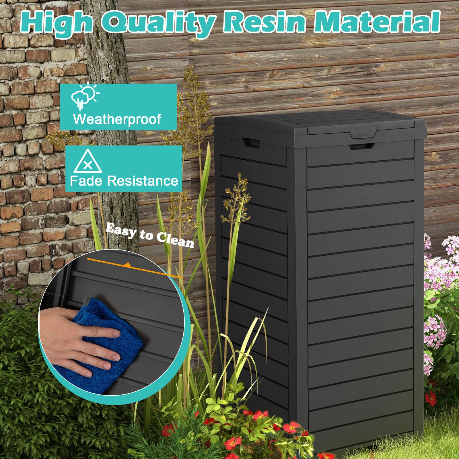 LIFEZEAL Poubelle d'Extérieur 118L, Poubelle de Jardin avec Couvercle, Poubelle Deco Rectangle avec Bac de Récupération, 40 x 40 x 86 cm (1, Noir)