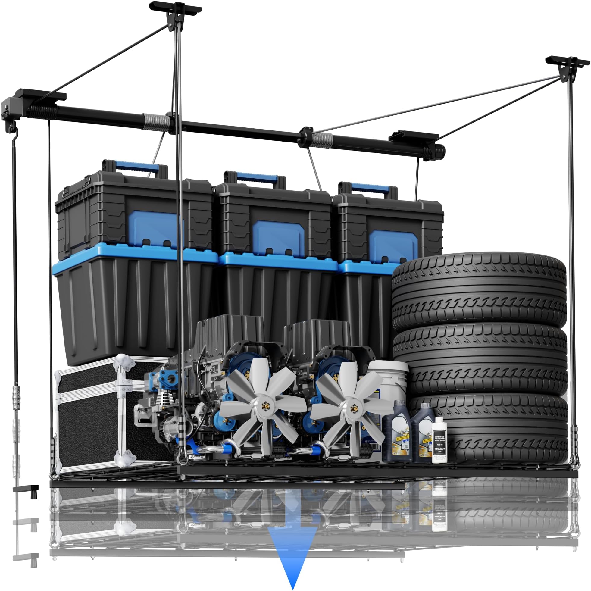 Fleximounts Gl1 Overhead Garage Lifting Storage Rack, 4X4 Ft Adjustable Ceiling Organization System, Heavy-Duty Metal Racks, 300Lbs Weight, Black