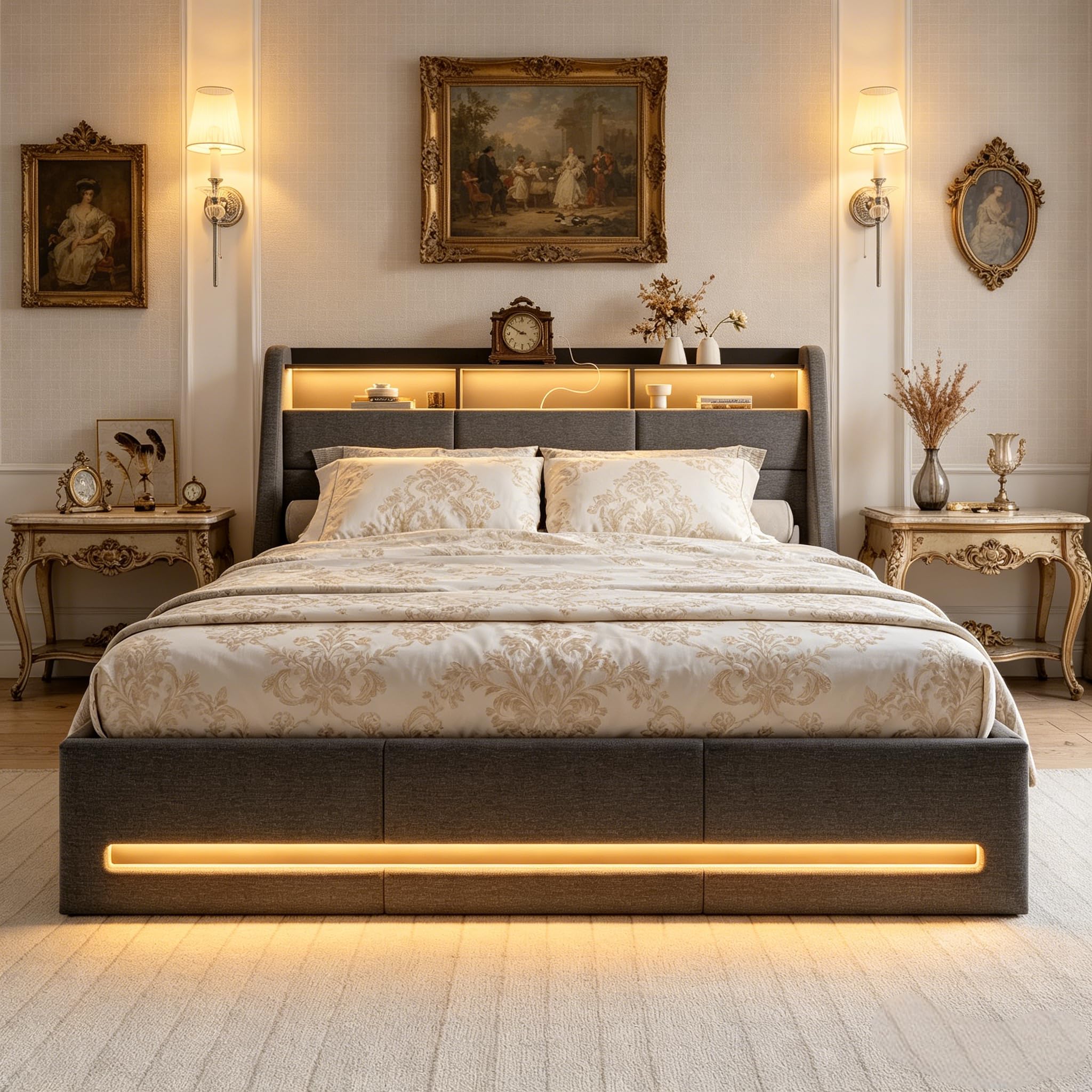 Camas Matrimoniales con usb, Cama con Almacenaje y Cargador 140x190 cama Matrimonio Tapizada con Espacio de Almacenamiento y luces led Marco de CAMAS con Cabecero,Sin Colchon (D Gris Lino, 140x190 cm)