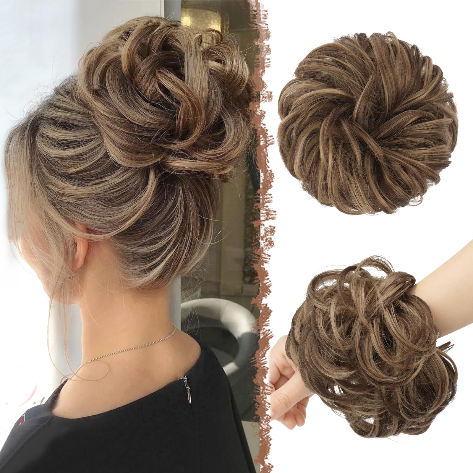 FESHFEN Messy Bun Hair Pieces - Large Wavy Curly Elastic Hair Bun Scrunchies Ponytail Extensions Synthetic Chignon Hairpieces for Women, Brown Mixed Honey Blonde 1.94oz