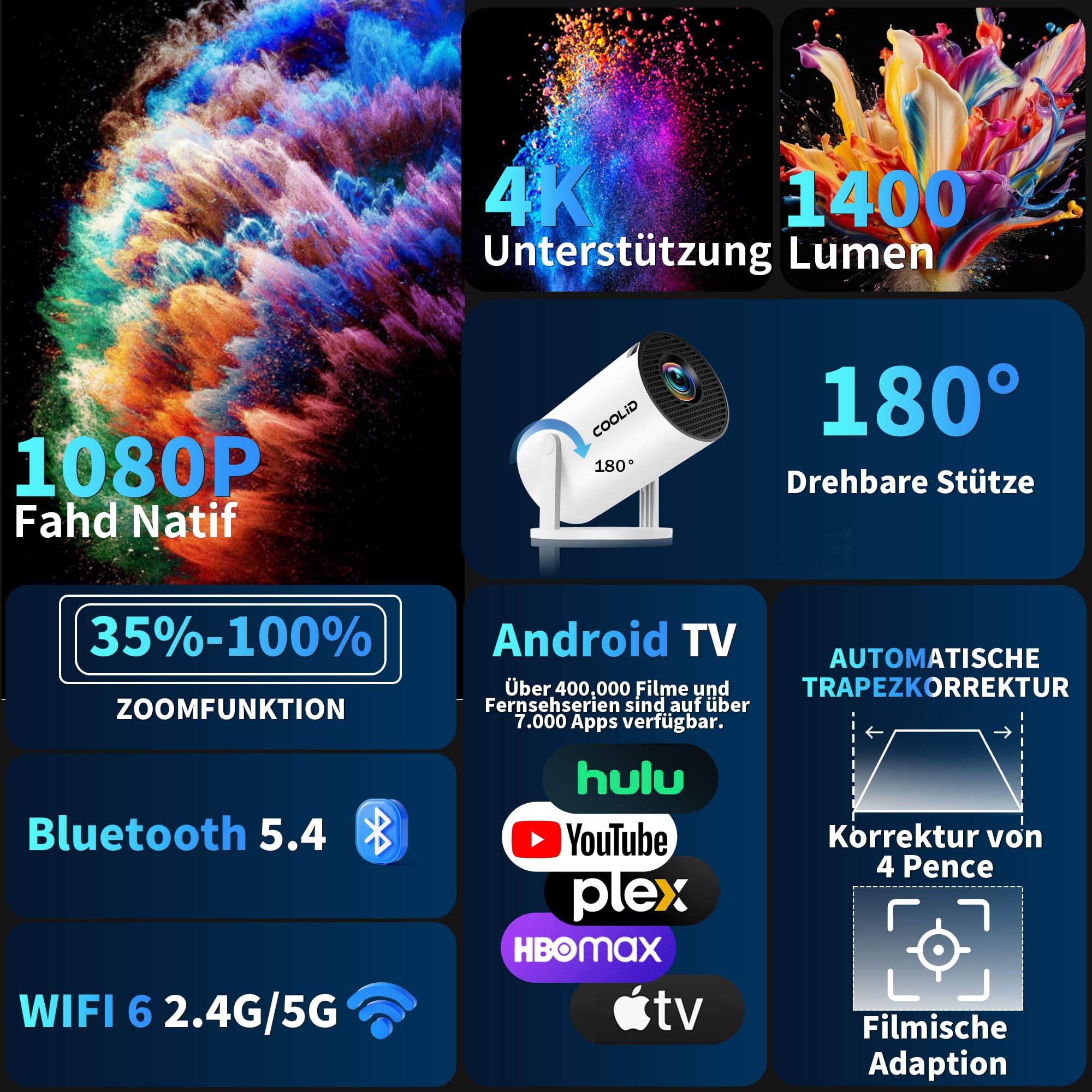 Mini Beamer Unterstützt 4K 1080P 2026 Neuer Tragbarer Projektor mit 5G WiFi 6 und BT 5.4, Beamer Klein Projektor mit Automatische Trapezialkorrektur 180 ° Drehung für HDMI/Tv Stick/USB/Laptop, Weiß