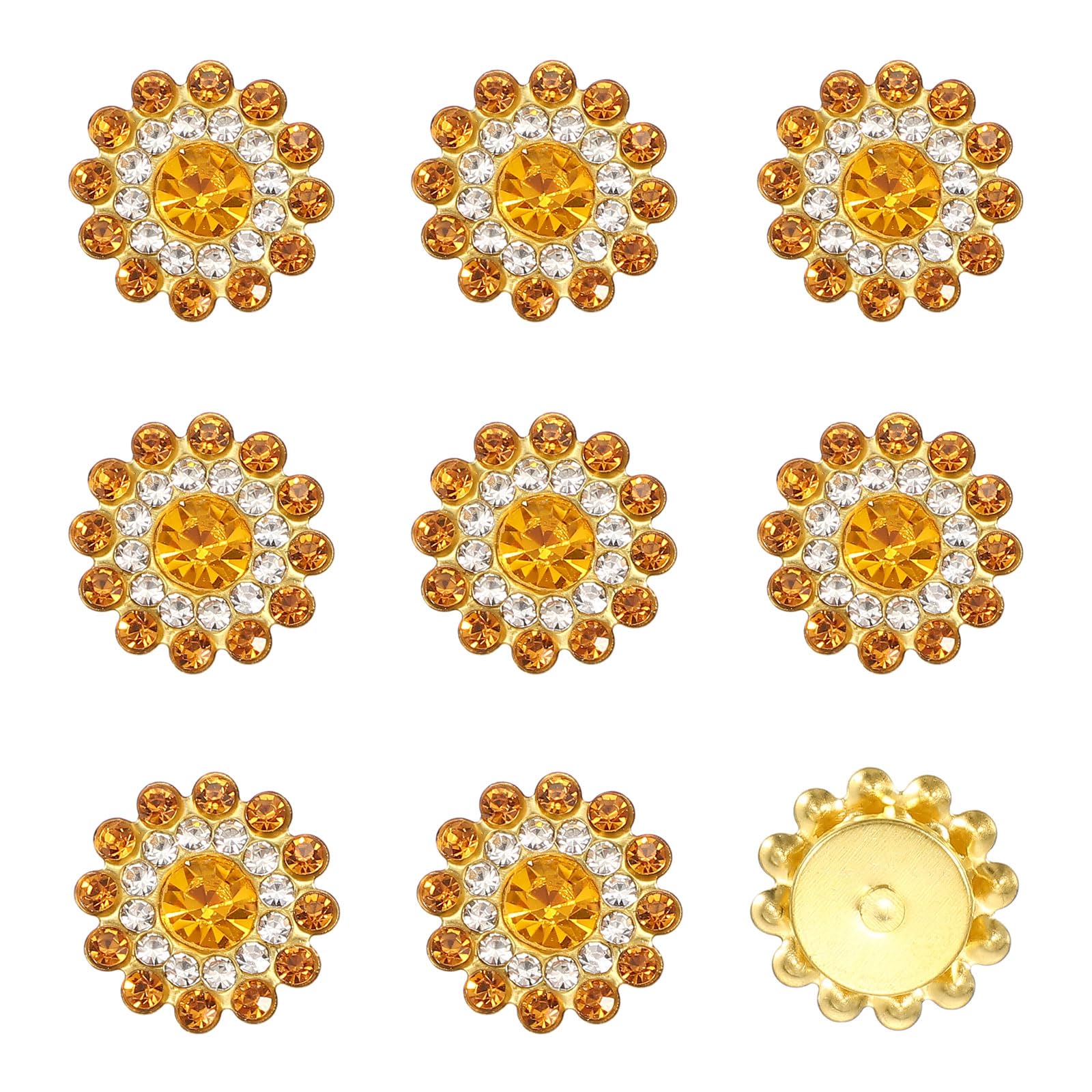 YELARXI 150Pcs 14mm Sew on Flower Rhinestones Crystal Glass Gems, Flatback Claw with Metal Base Crystals for Sewing Clothes Shoes Jewelry Belt Accessories, Gold Yellow