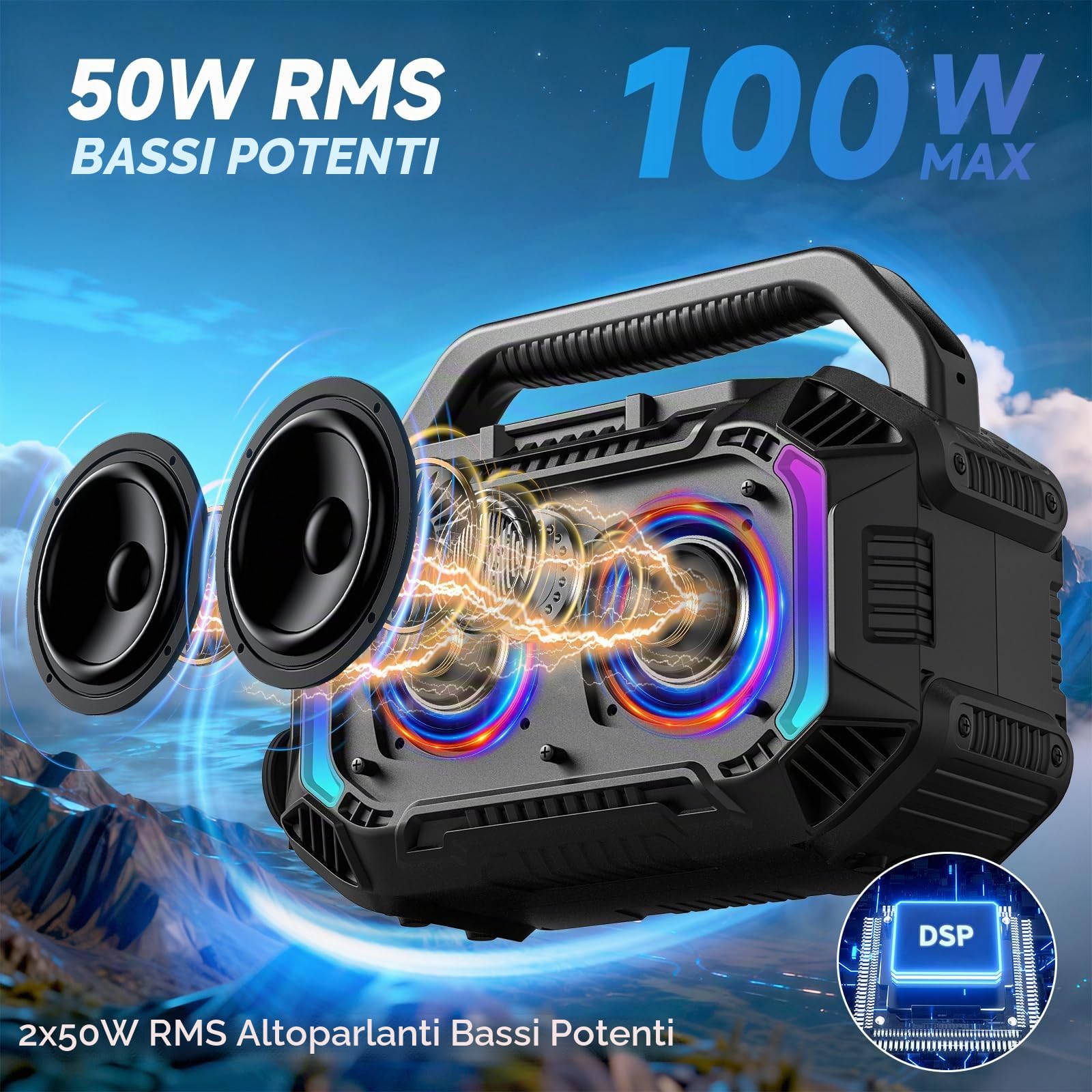 Wilody Altoparlante Bluetooth portatile wireless,cassa bluetooth portatile con bassi profondi da 100 W,potente IPX7,con ricarica wireless,20 ore di riproduzione,ingresso TF/AUX/USB,RGB,TWS,BT5.3,Nero
