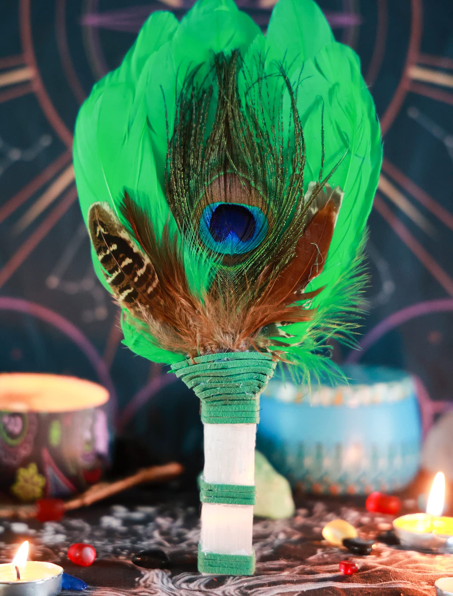 Smudging Feather Fan Witch's Wand Home Cleansing Smudge Kits Shaman Fan with Selenite Stick Handle and Fallen Feather for Energy Wand, Altar Ritual Wand, Banishing Wand, Pagan Altar