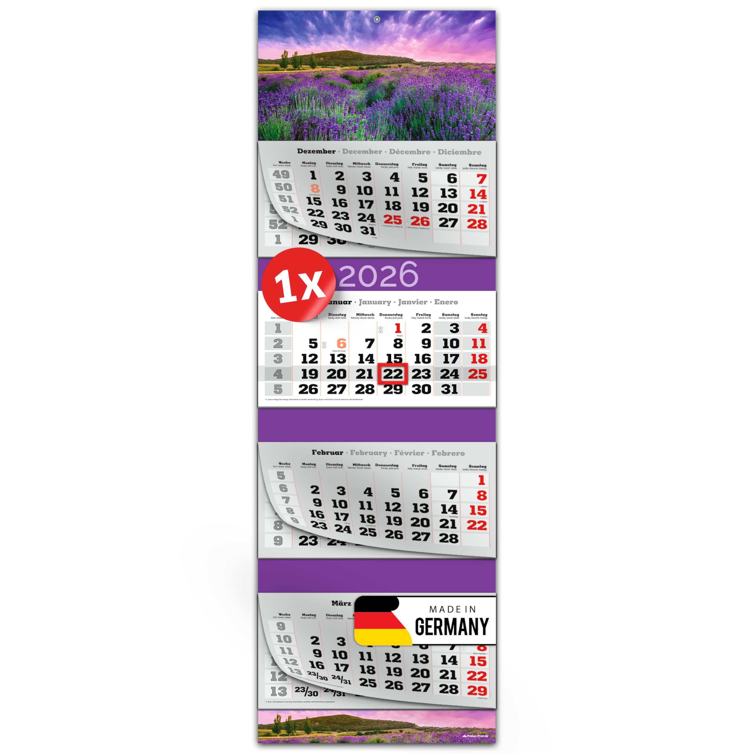 PRIMUS PRINT Calendario XXL 2026 – Calendario de pared – Calendario de pared de 4 meses – con fecha deslizante, calendario para colgar, incluye días festivos y vacaciones, varios diseños – [1 lavanda]