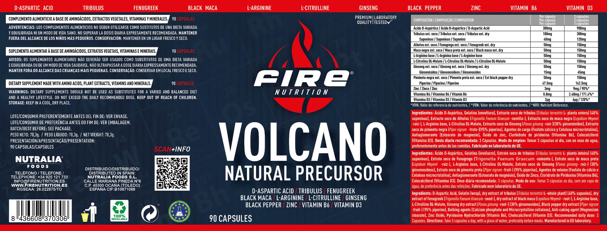 Fire Nutrition - Volcano Natural Precursor 90 caps - Aumenta Niveles de Testosterona - DAA/Tribulus/Fenogreco/Maca Negra/Arginina/Citrulina/Ginseng/Pimienta Negra/Zinc/B6/D3
