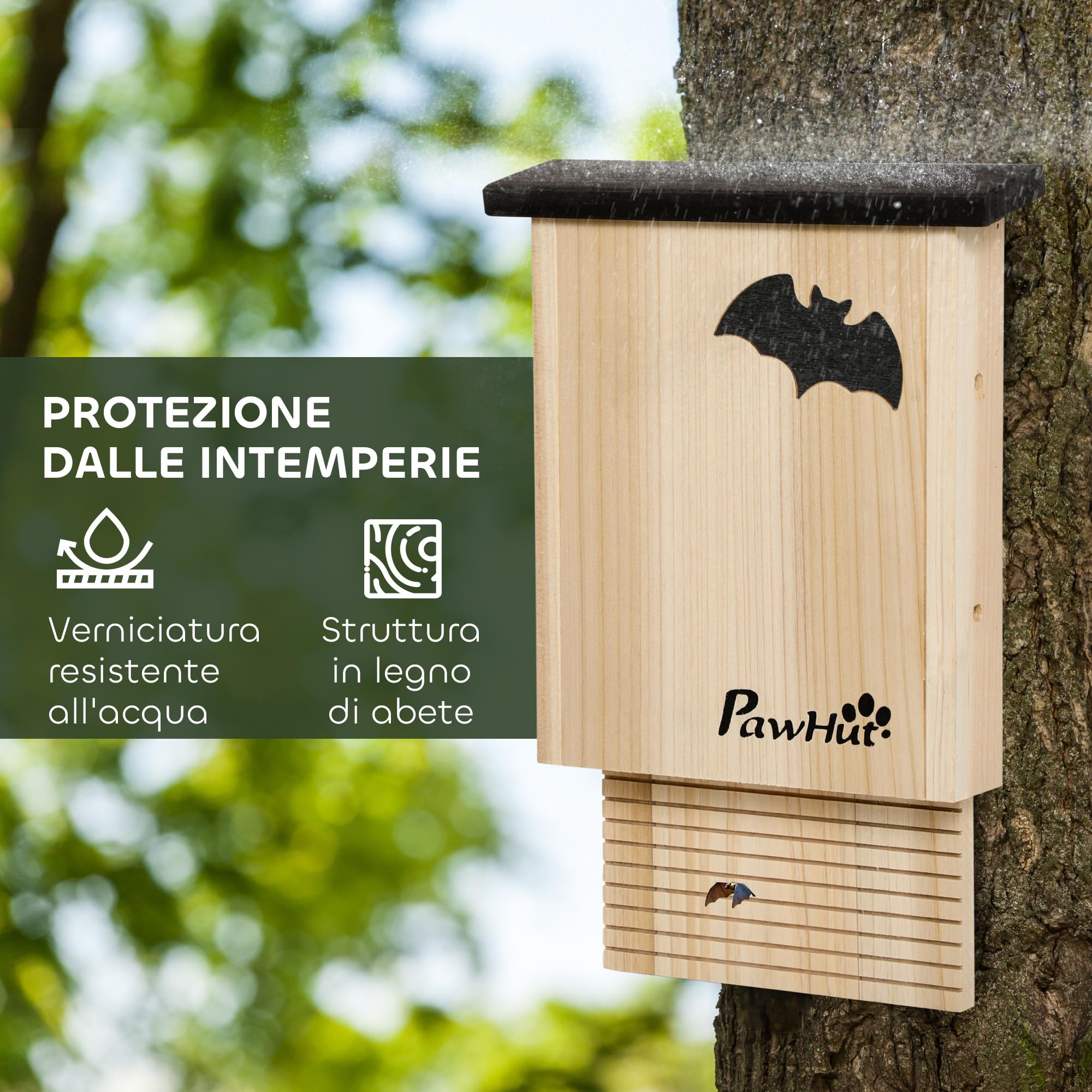 PawHut Set di 3 Casette per Pipistrelli in Legno di Abete, Rifugio per Pipistrellini per Giardino ed Esterni, Bat Box Facile da Appendere, 25x6x37.5 cm, Legno Naturale