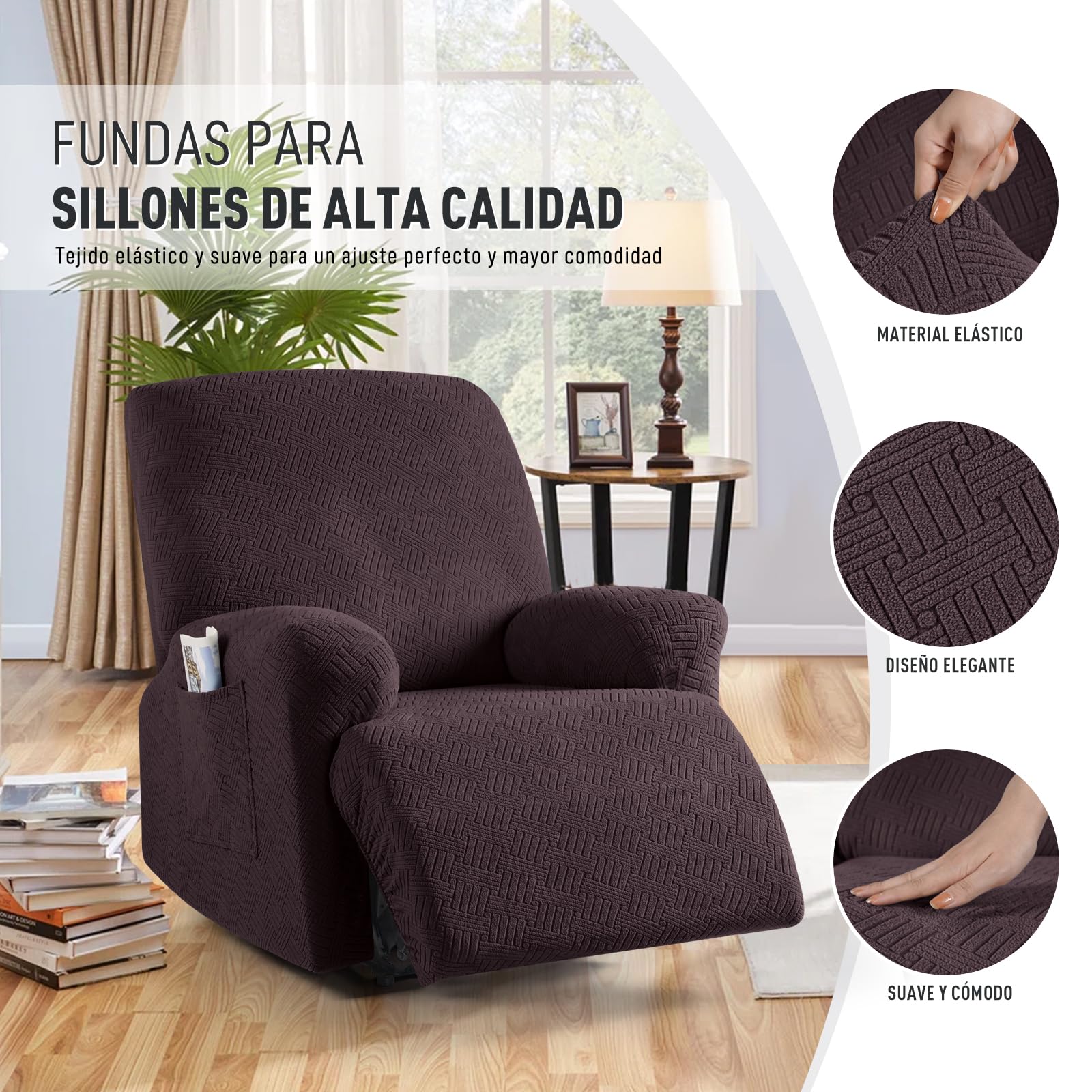 KinCam Funda Sillon Relax reclinable, Funda para Sillón Relax de Jacquard, Funda Sillon orejero Funda Elástica con Bolsillo para Perros y Mascotas, Suave y Lavable Funda Sofa 1 Plaza Café