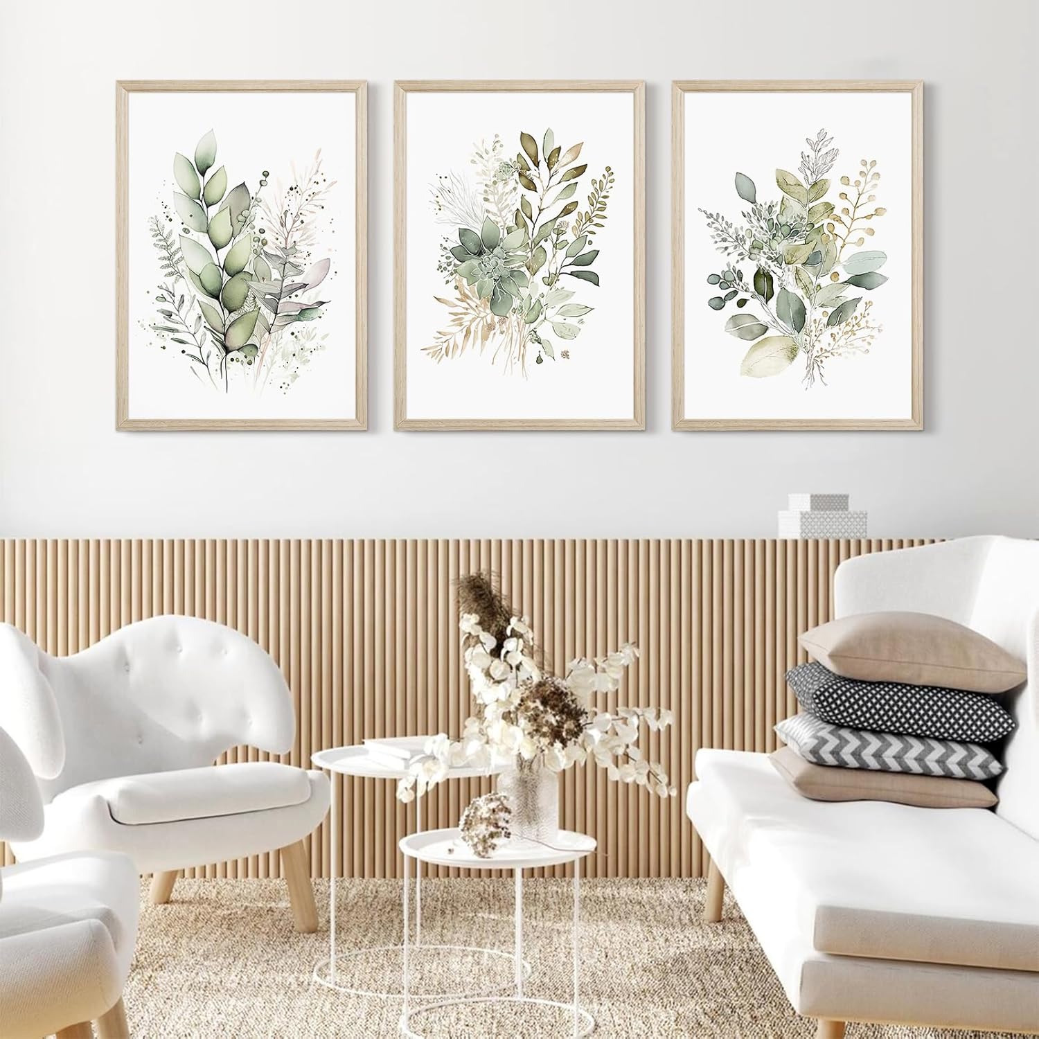 Watercolor Botanical Wall Art Set of 3 Boho Floral Canvas Wall Decor Prints Sage Green Wildflower Wall Art Modern Flower Pictures Botanical Painting for Bedroom Bathroom 16x24 Inch Wood Framed