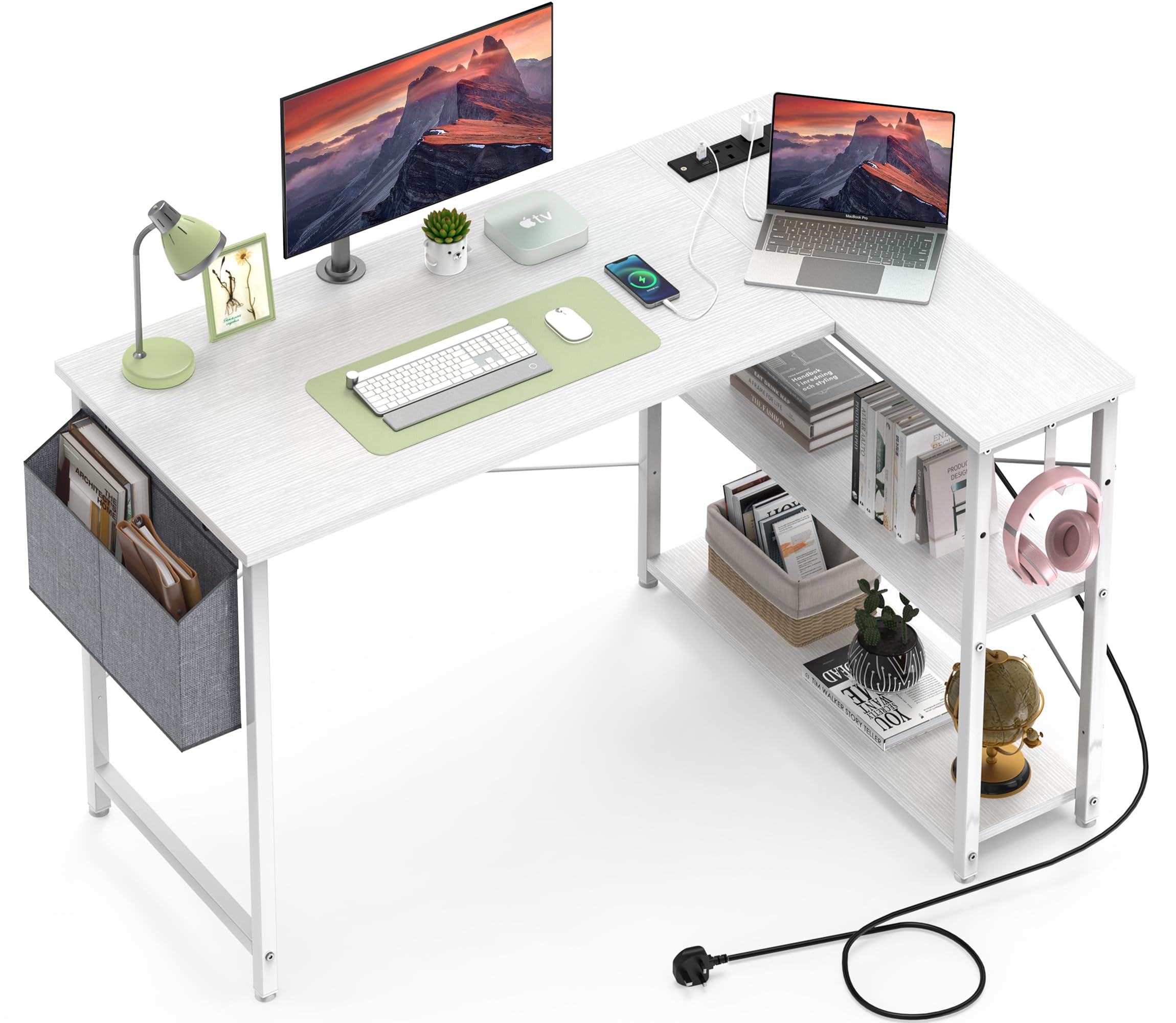 L Shaped Computer Desk with Power Outlet, 118CM Corner Office Desk for Small Spaces with Storage Shelves, Study Work Writing Table for Home Office Bedroom, Snow White