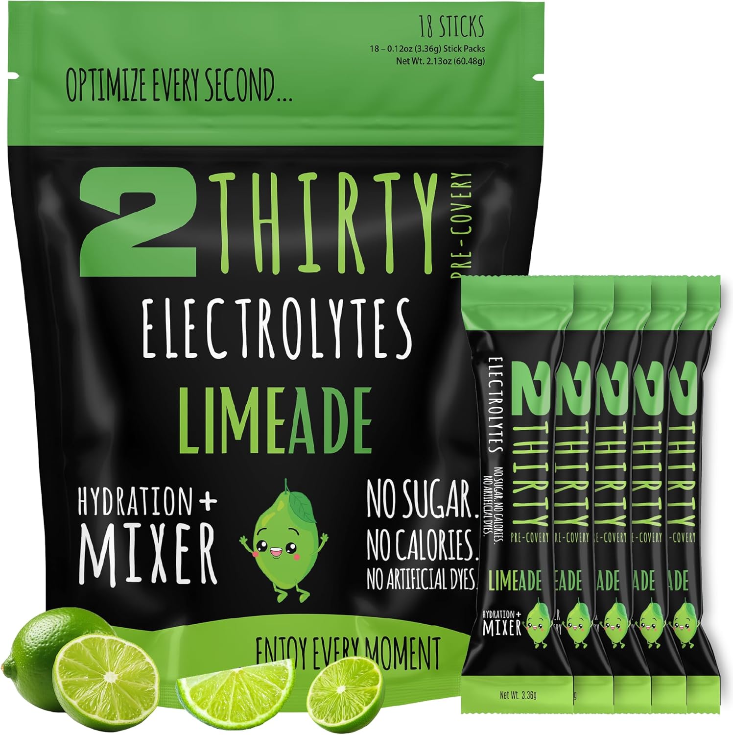 2THIRTY Hydration + Mixer — DHM Alternative Electrolyte Powder Packets | Zero Sugar 5-in-1 Hydration & Recovery Drink Mix | Vitamin B12 Antioxidants | Limeade 18 Sticks