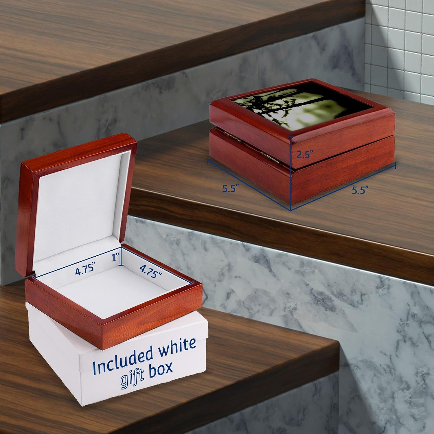 3dRose Misty Morning Monotone Jewelry Box 7 x 7 inch with 4 inch tile image 5