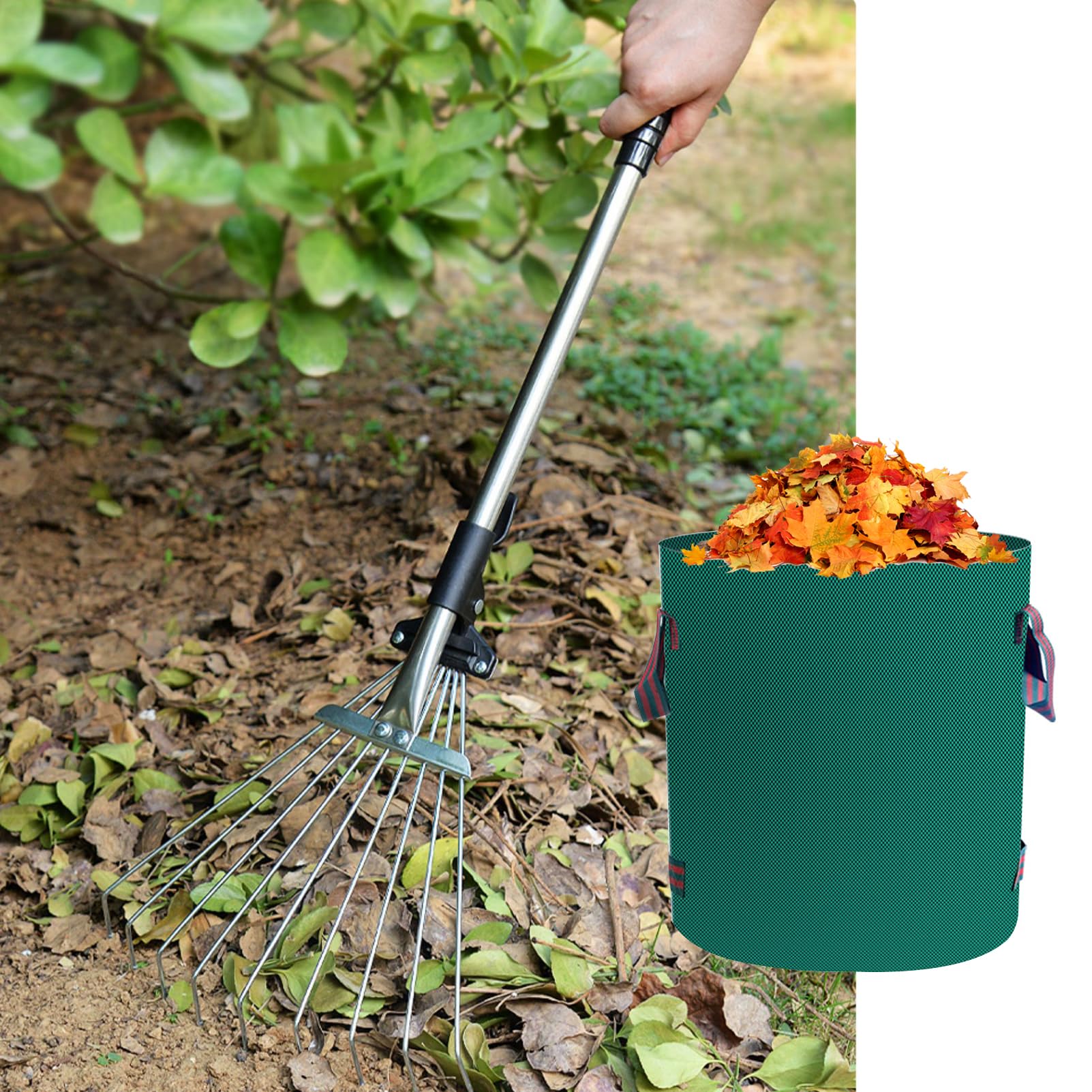 Bolsas de basura de jardín de 272 L, rastrillo de jardín de 9 dientes, sacos de basura de hojas de jardín impermeables con asas para recoger residuos de jardín, hierba y hojas de residuos vegetales