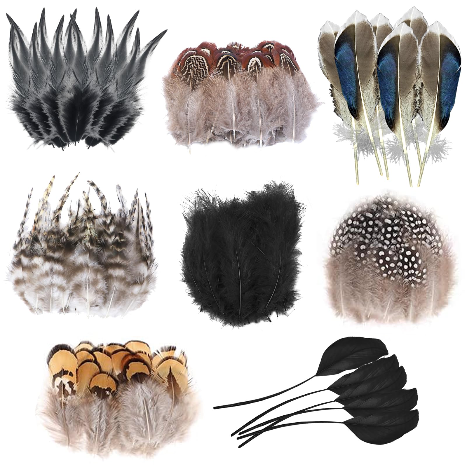 Molirex 160Pcs Feathers for Crafts 8 Styles Pheasant Craft Feathers Goose Feathers for Crafting DIY Dream Catcher Hat Earrings Masks Wedding Home Party Decoration, Brown & Black