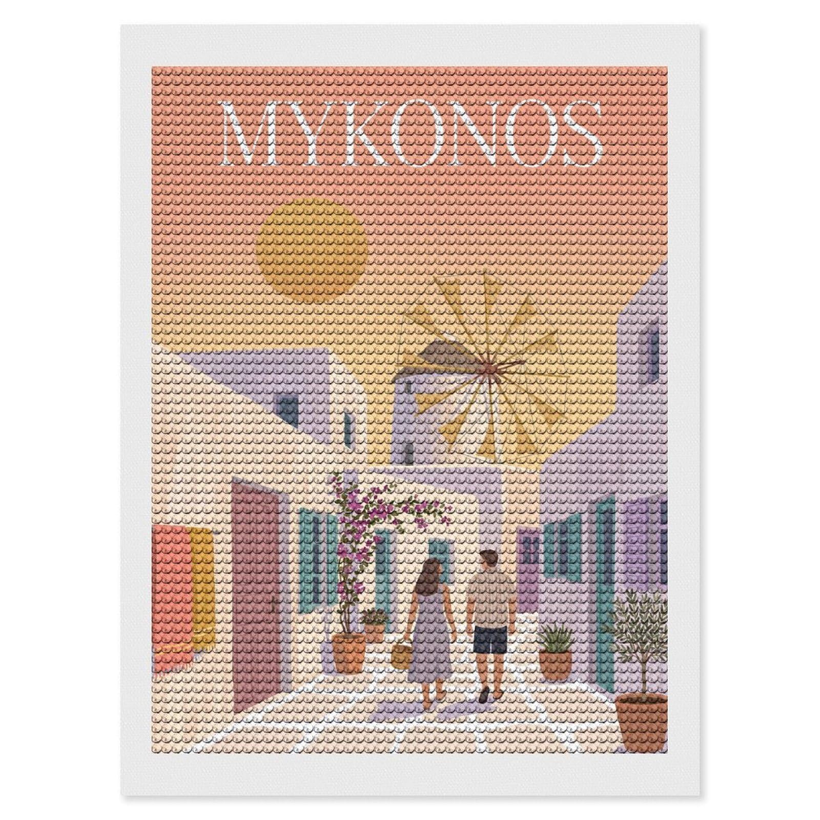 Junmoney Mykonos Greece (2) Diamond Art Canvas 12"x16", for Adults, Good for Quiet Evenings, Bedroom Decor, Festive Craft Gift, Easy to Enjoy