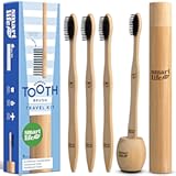 Bamboo Charcoal Toothbrushes (4 Pack) with Travel Case & Stand - Extra Soft Bristles for Adults & Kids Teeth | Zero Waste Travel Toothbrush Kit | Natural Eco-Friendly Wooden Brush Holder Cover