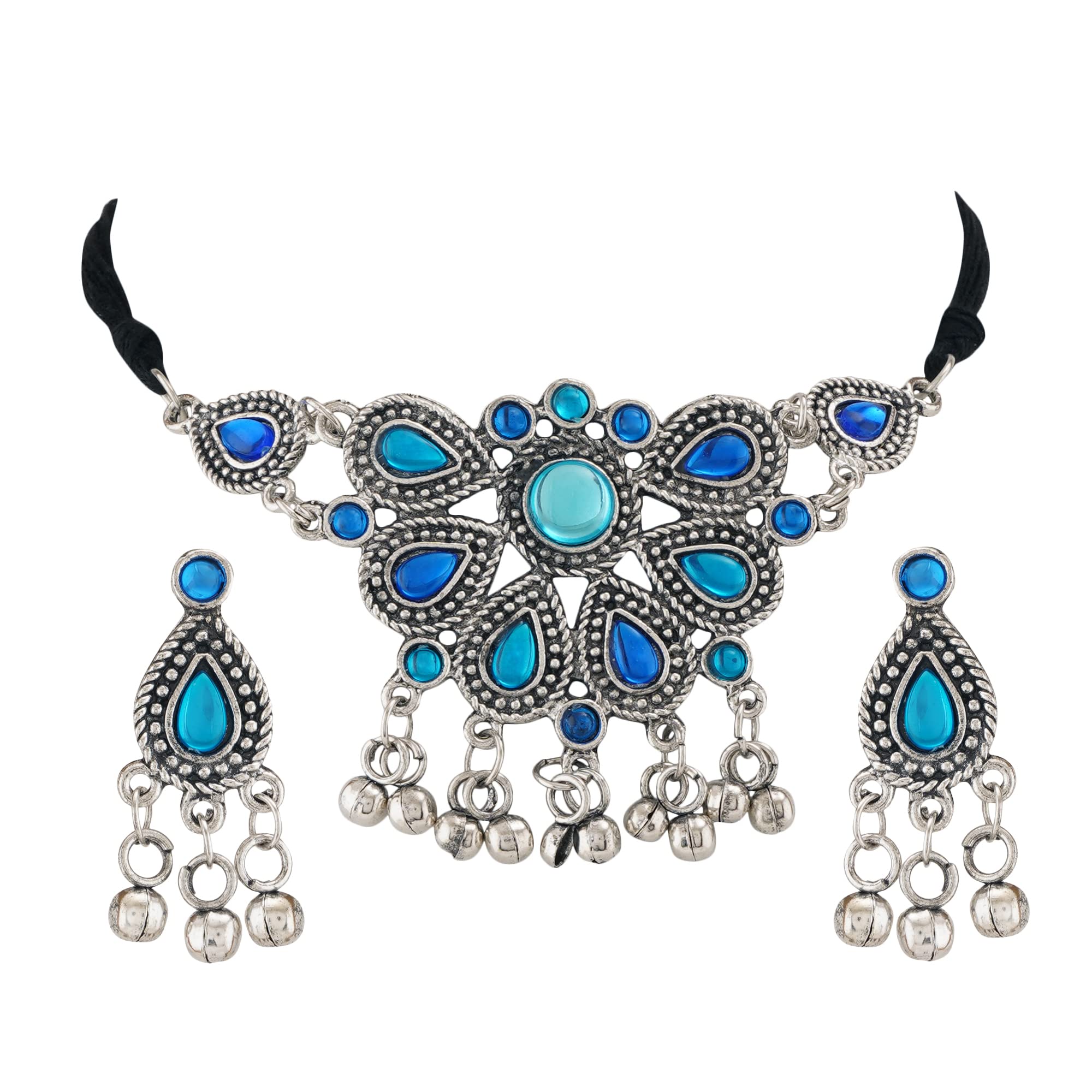 Shreyadzines Thread Oxidised German Silver and Choker Pendant Necklace Earrings Combo Set for Girls & Women (Blue) (B0BS49NZZT) Amazon Price History, Amazon Price Tracker