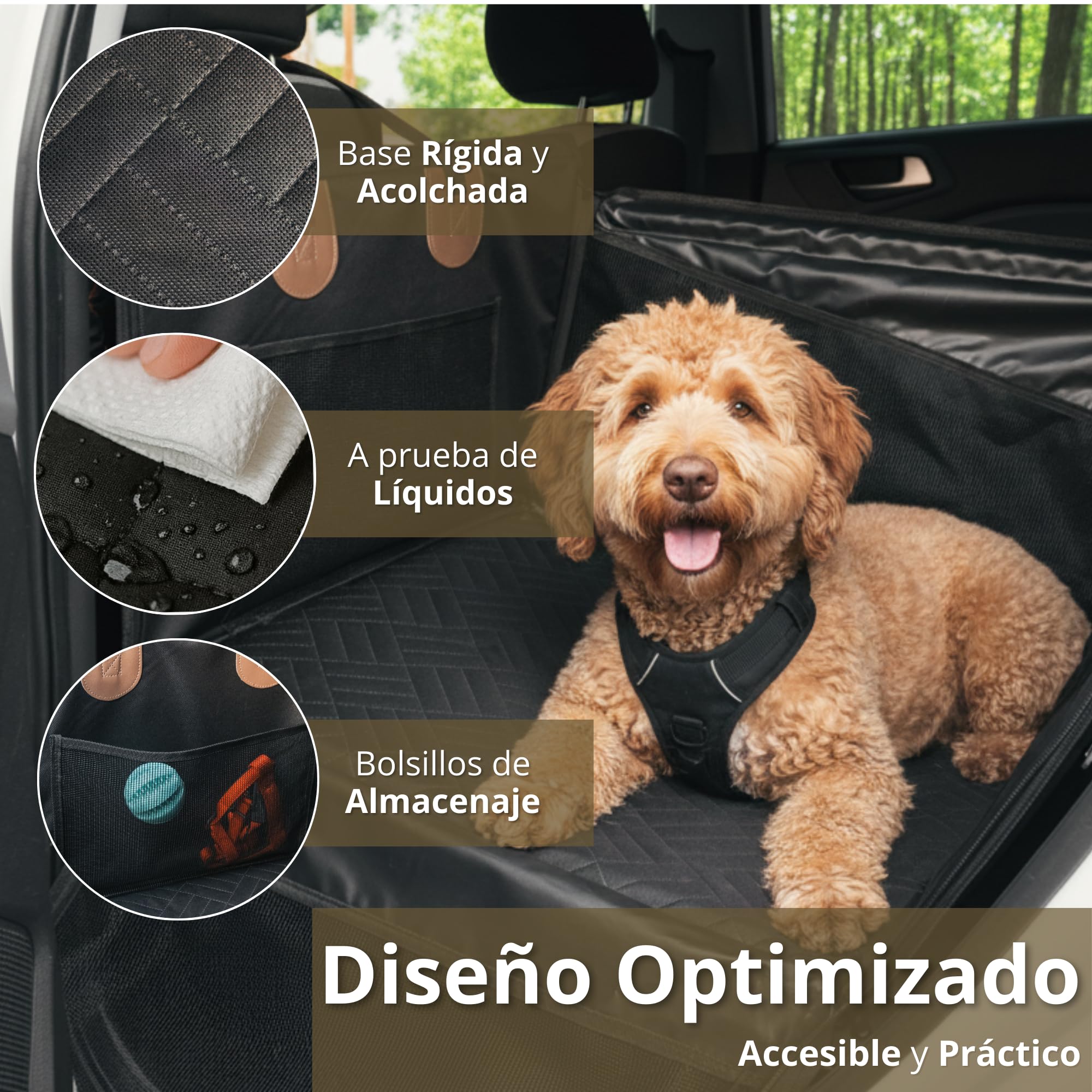 Asiento Coche Perro Mediano – Asiento Impermeable, Base Rigida, Acolchado, Ventilado - Dog Car Seat - No Deja Pelos – Seguro y Resistente - Viajes y Escapadas – Silla Perro Coche Robusto hasta 25 Kg