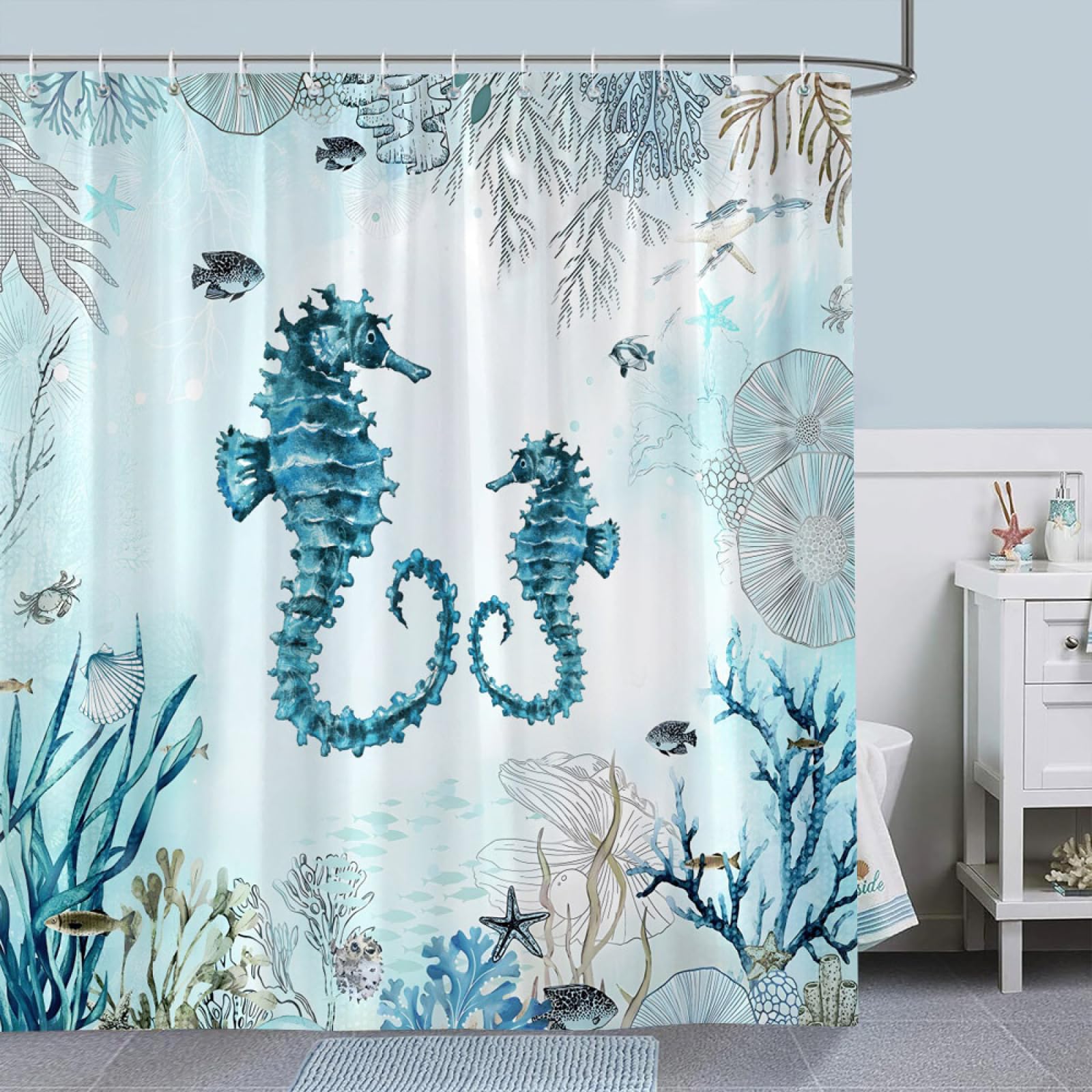 Shower Curtains Seahorse Green Fish Wet Room Shower Curtain Mould Proof Resistant Waterproof Polyster Fabric Washable with 12 Hooks Garden Bathroom Curtains (180x180cm)