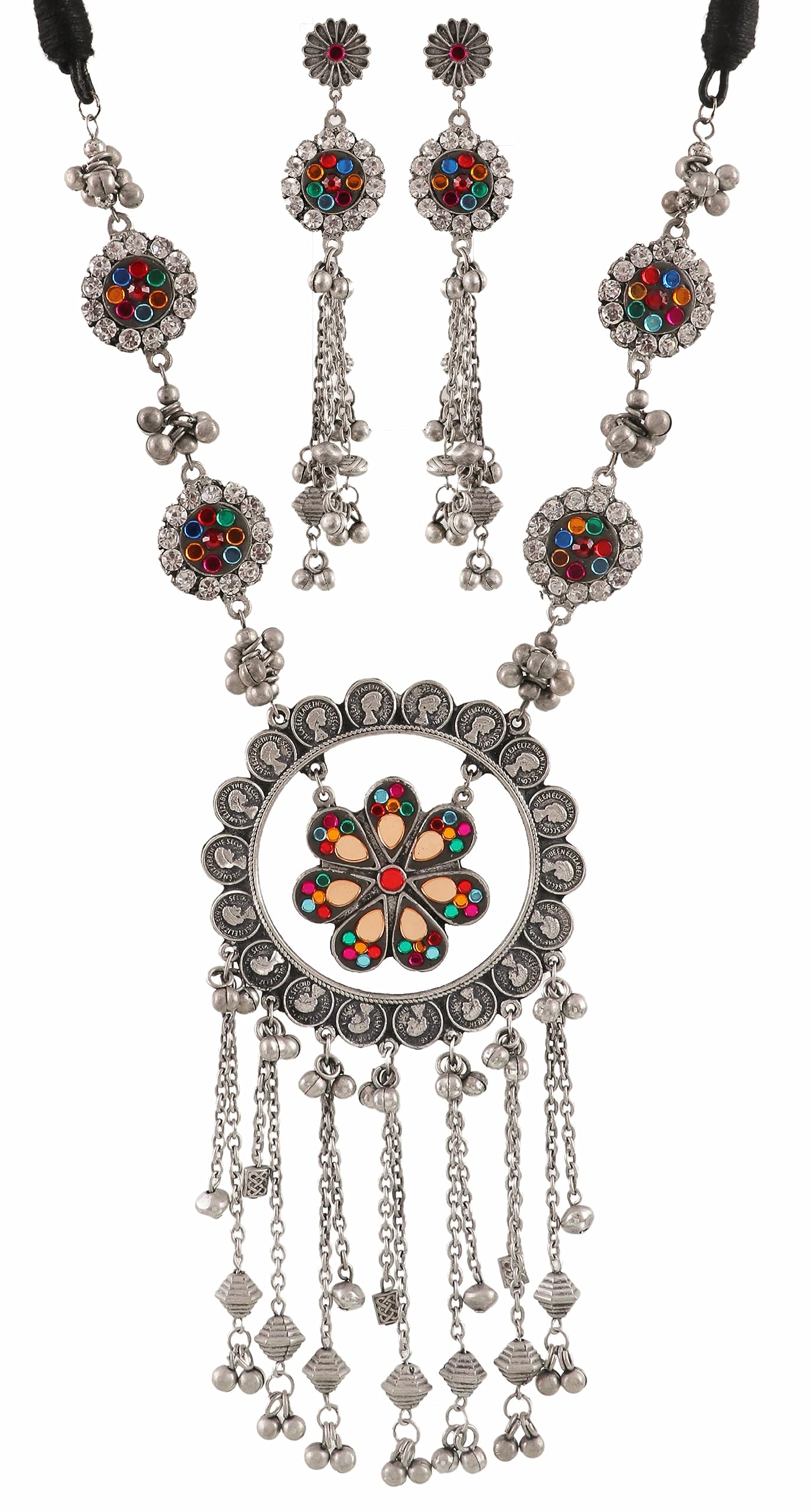 Siddhatva Statement Ethnic Traditional Handmade Mirror Ghungroo Fashion SIlver Oxidzed Long Pendant Necklce Jewellery Set (B0CJ2MXZ92) Amazon Price History, Amazon Price Tracker