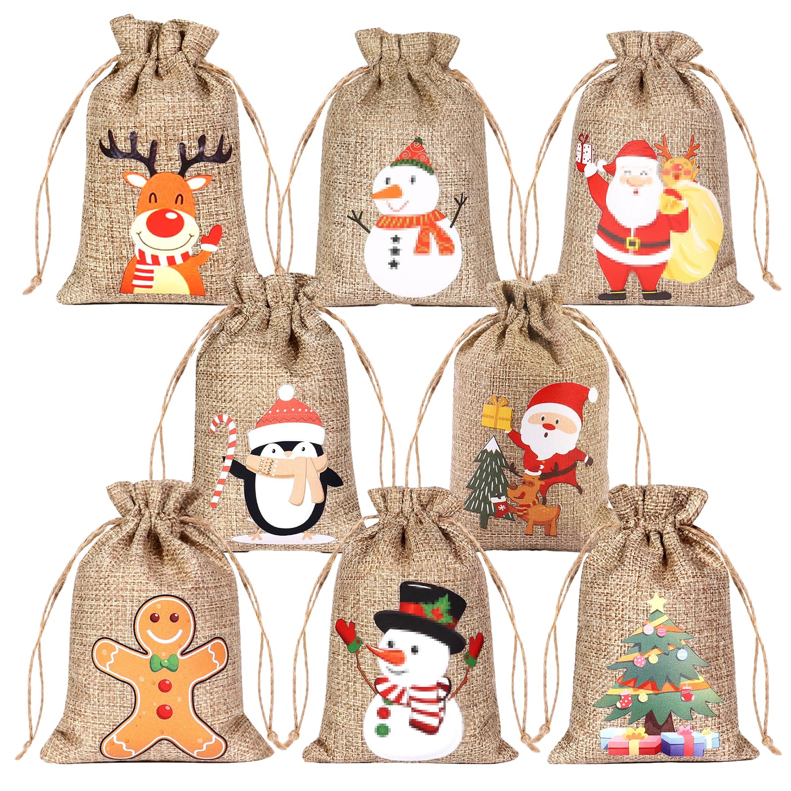 24 Pack Christmas Linen Bags with Drawstrings, 8 Designs Small Burlap Gift Bags Bulk for Gifts, Treats, Candies, Goodies, etc