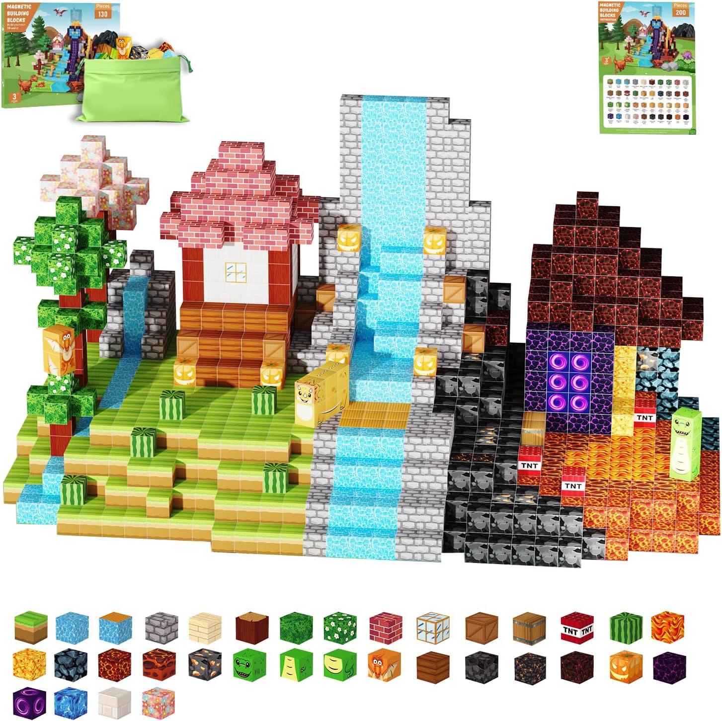 Belveora 130PCS Magnetic Blocks, Magnetic Building Blocks with Dinosaur World, STEM Magnetic Cubes for Kids Ages 3-5 4-8 8-12, Educational Magnet Toys for Boys Girls Christmas/Birthday Gift(1 Inch)