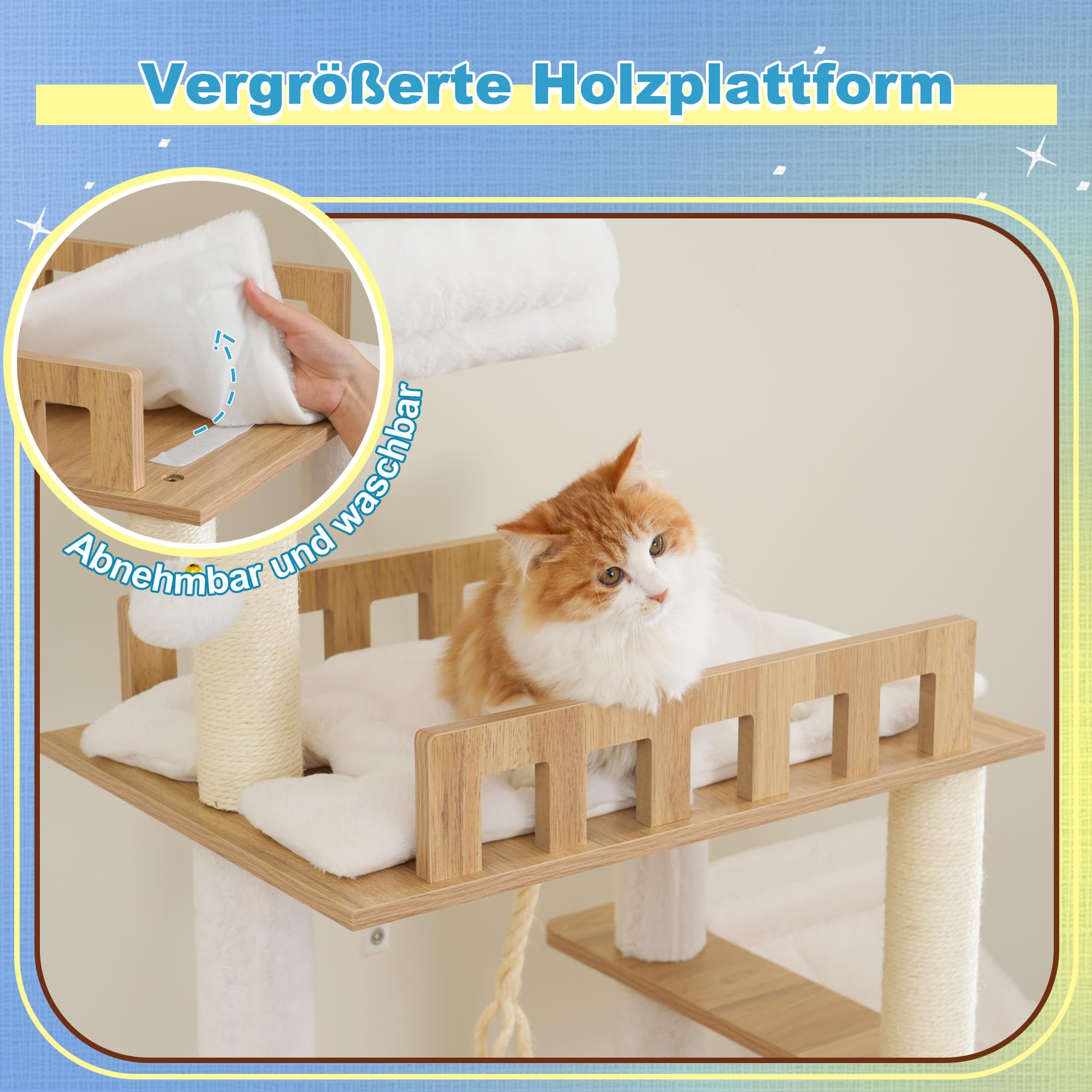 Hey-brother Albero per Gatti in Legno Moderno, Tiragraffi per Gatti 184 cm, Multinivello Stabile con Piattaforme Grandi, Amaca, Nido Spazioso, Pettine per Mantello e Scala, Bianco Rovere MPJ121BT