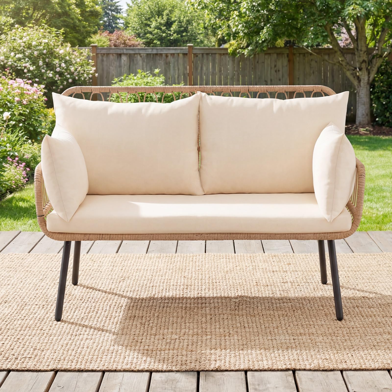 COSTWAY Canapé de Jardin 2 Places en Rotin PE, Banc de Jardin avec Coussins, Oreillers, Cadre en Métal, Pieds Réglables, Banquette pour Balcon Terrasse Piscine, Charge 300 kg, 118 x 62 x 81 cm