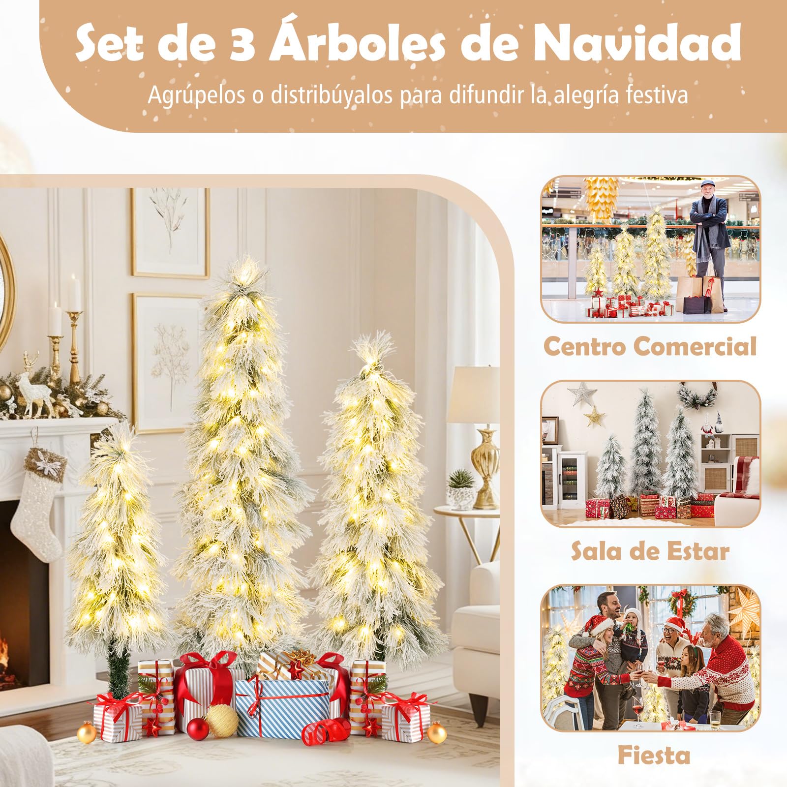 COSTWAY Juego de 3 Árboles de Navidad Nevado 90cm, 120cm y 150cm, Arbol de Navidad con Luces Incorporadas, 30, 50 y 70 Luces LED, Agujas de Pino, Christmas Tree w/Light