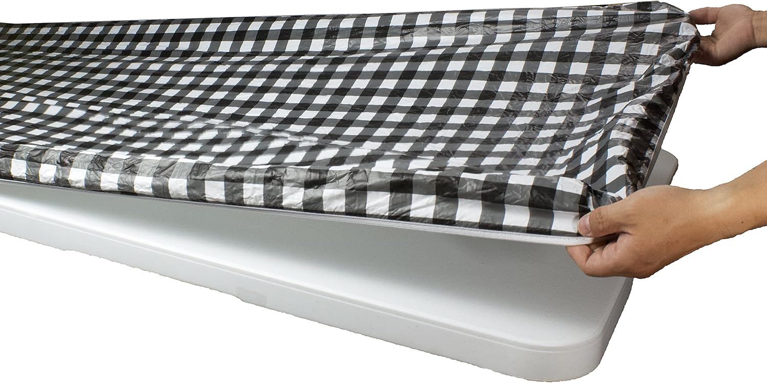Rally Home Goods Outdoor Fitted Vinyl Rectangular Tablecloth with Flannel Backing for 6 FT Table (30 x 72''), Waterproof Wipeable Cover, Black/White Gingham Check Plastic for Camping Parties Picnic