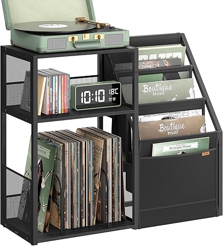Miniatura 10 de VASAGLE - Soporte para tocadiscos, mesa auxiliar de 3 niveles, almacenamiento para discos de vinilo de hasta 100 álbumes, mesa de esquina para sala