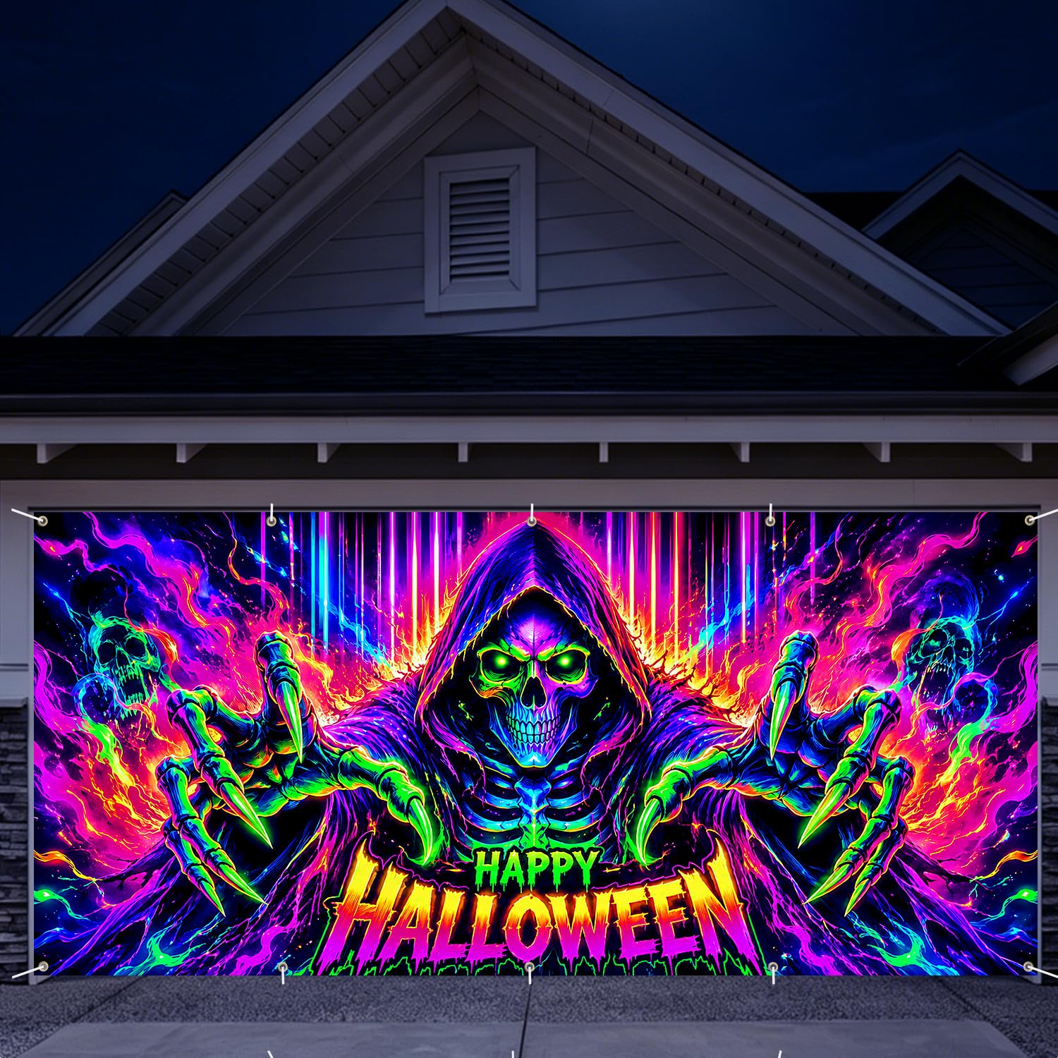 7 x 16 ft Neon Skull Blacklight Halloween Garage Door Decorations Halloween decorations Witch Door Cover, Hanging Banner Cauldron Backdrop Mural for Home