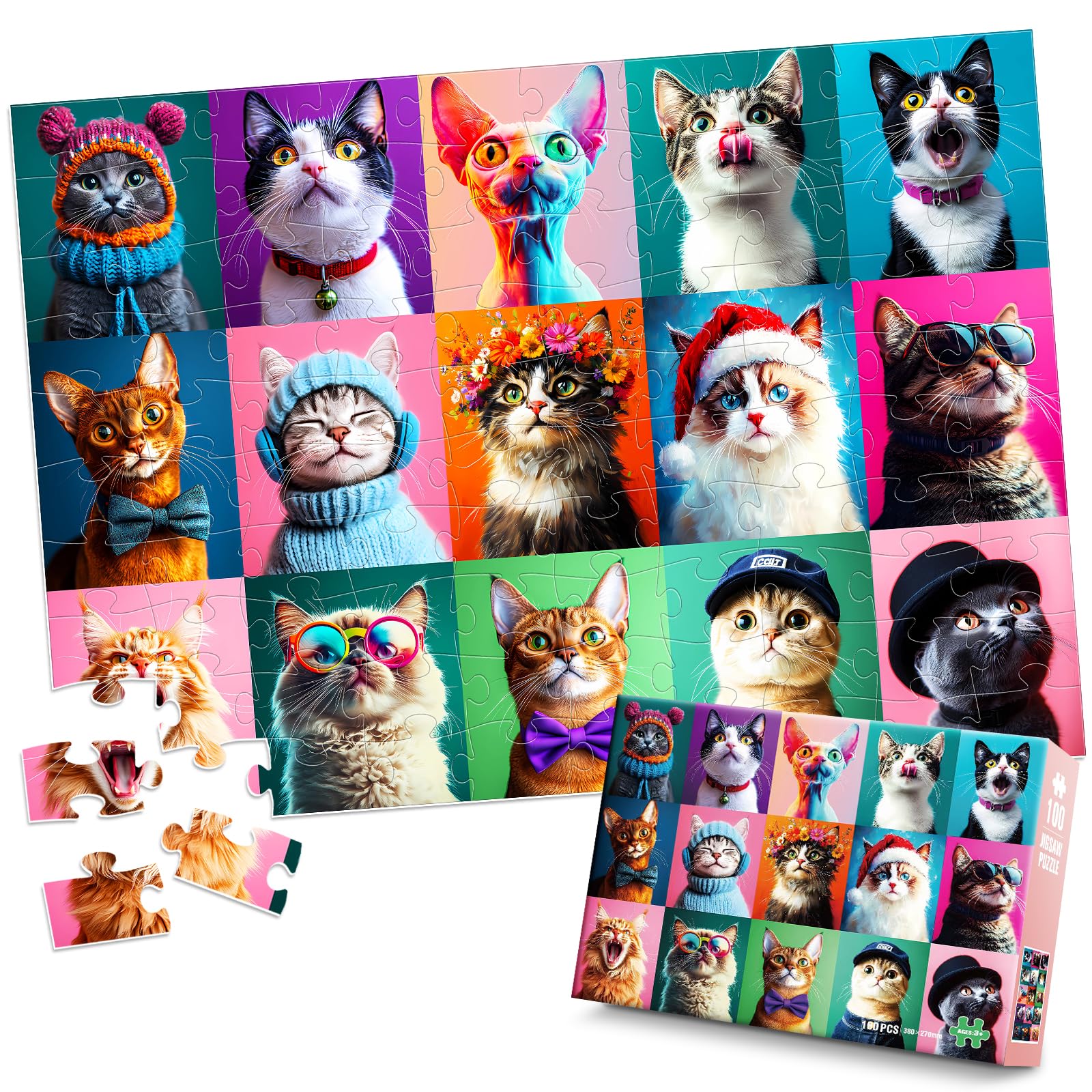 Photo 1 of 100 Piece Puzzles Multicolor Fun Cats, Large Piece Jigsaw Puzzle for Kids Ages 4-6 6-8 8-10, Pets Cat Theme Puzzles for Teens Seniors Adults, Collection Gift Home Art Decor Toys Gifts for Girls Boys